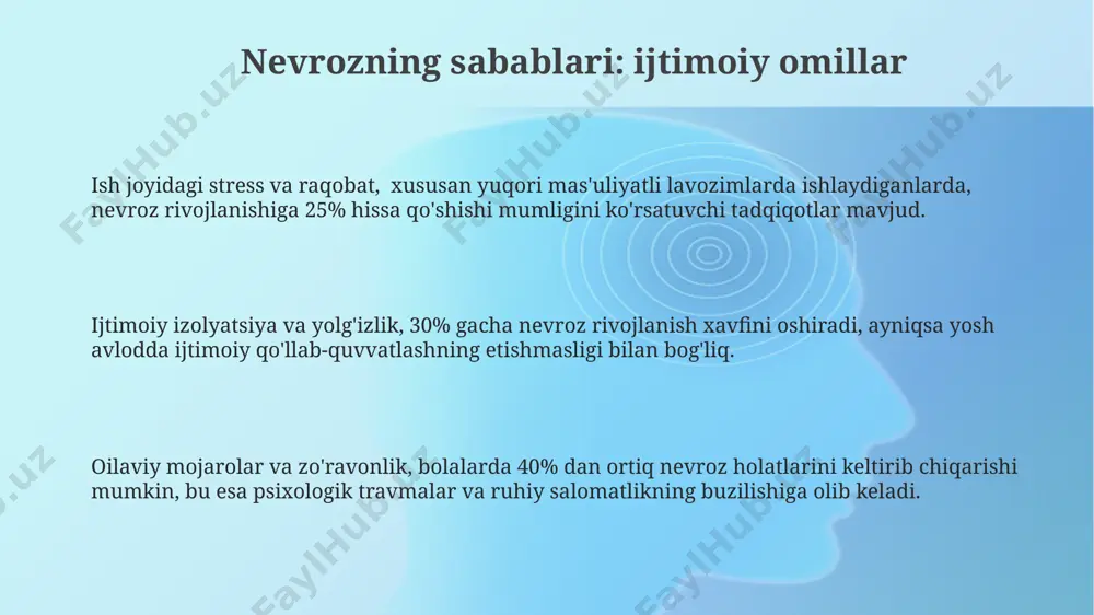 jlanishiga 70% gacha hissa qo'shishi mumkin. nevrozning oldini olish: ijtimoiy qoʻllab-quvvatlash ijtimoiy qo'llab-quvvatlash guruhlari, masalan, qo'llab-quvvatlash guruhlari yoki jamoat tadbirlari, individual terapiyaga qo'shimcha sifatida nevroz alomatlarini kamaytirishda samaradorligini 20% ga oshirishi mumkin. haftasiga kamida 2 marta ijtimoiy faoliyatlarda qatnashish, masalan, kulgi terapiyasi yoki jamoaviy sport, nevroz rivojlanish xavfini 15% ga pasaytirishi mumkin. nevrozning oldini olishda kuchli ijtimoiy tarmoqlar muhim rol o'ynaydi, chunki 5 dan ortiq yaqin do'st va oila a'zolari bilan mustahkam munosabatlar stress darajasini 30% ga kamaytirishi mumkin. nevrozning sabablari: biologik omillar miyada, ayniqsa amigdala va hipokampus kabi sohalarda strukturaviy va funktsional o'zgarishlar nevroz patogenezida muhim hisoblanadi. neyrotransmitterlarning, masalan, serotonin va dopaminning, nomutanosibligi nevroz simptomlarini, jumladan, tashvish va depressiyani keltirib chiqarishi mumkin. nevroz rivojlanishida genetik moyillik muhim rol o'ynaydi, 30% gacha bo'lgan hollarda oilaviy tarixda ruhiy kasalliklar kuzatiladi. nevrozning oldini olish: stressni boshqarish kundalik hayotingizga 7-8 soatlik sifatli uyquni kiritish orqali stress darajasini sezilarli darajada pasaytirishingiz mumkin, chunki uyqusizlik …