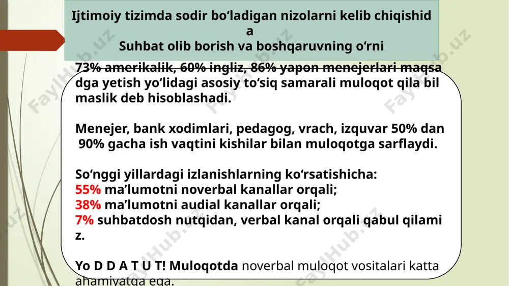 amsuhbatlariga ulaming har qanday isbda yuksak natijalarga erishishga intilishi, o‘ziga nisbatan yuqori talablar qo4yishi va ulami namoyon eta olishi, adolat hissi, prinsipiallilik, doimiy, barqaror qarashlari yoqadi. bu kabi shaxslarda atrofdagi odamlarga yoqmaydigan xislatlar ham anchagina: tez xafa bo‘lish, shubhalilik, kek saqlash, rashkchilik, izzattalablik va 3.oilada bo`ladigan konfliktlar oiladagi konfliktlarning sabablarini quyidagilar bo`ladi: birinchi sabab - oila qurishdagi shoshqaloqlik. eng tez-tez janjallar o'ylamasdan turmush qurgan juftliklar o'rtasida, birinchi muhabbat, ko'chib o'tish tufayli yaqinini yo'qotish qo'rquvi va boshqalar tufayli sodir bo'ladi. ikkinchi eng keng tarqalgan sabab - moliyaviy muammolar. agar oilada har kuni pul yetarli bo'lmasa, oddiy uy-joy yoki kerakli narsalarni sotib olish imkoniyati bo'lmasa, bu uning har bir a'zosini depressiya holatiga keltirad v. a. sysenko (1981) barcha oilaviy nizolarning sabablarini uchta keng toifaga ajratadi: mehnatni adolatsiz taqsimlash asosidagi nizolar (turli xil huquq va majburiyat tushunchalari); har qanday ehtiyojlarni qondirmaslik asosidagi nizolar; ta'limdagi kamchiliklar tufayli janjal. psixologlar oilada muloqotning oʻziga xos uch …