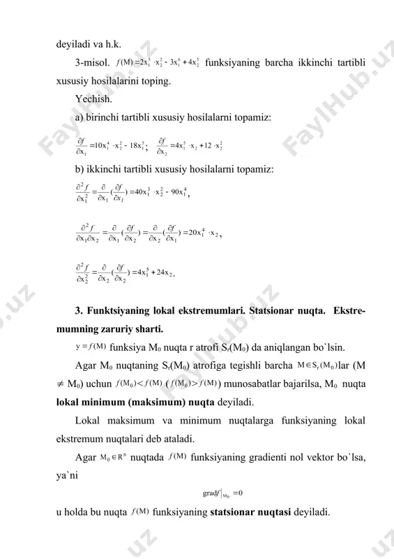 ya ekstremumining yetarli sharti ikki o`zgaruvchili funksiya uchun quyidagi belgilashlar kiritaylik: va bo`lsin. u holda: 1) agar b2-ac 0 bo`lsa, minimum nuqtasi. 2) agar b2-ac > 0 bo`lsa, u holda m0 statsionar nuqta ekstremum nuqtasi bo`lmaydi; 3) agar b2-ac = 0 bo`lsa, u holda bu nuqta ekstremum nuqtasi bo`lishi ham, bo`lmasligi ham mumkin. masala yechimi qo`shimcha tekshirishni talab etadi. aniqmas integral 1. boshlang`ich funksiya va aniqmas integral [a, b] kesmada aniqlangan funksiya uchun ushbu kesmaning barcha nuqtalarida tenglik bajarilsa, u holda funksiya shu kesmada funksiyaning boshlang`ich funksiyasi deyiladi. masalan: funksiyaning hosilasi ga teng. shuning uchun, funksiya funksiyaning boshlang`ich funksiyasi bo`ladi. teorema (boshlang`ich funksiya mavjudligi haqida). har bir uzluksiz funksiya, bir-biridan ixtiyoriy o`zgarmasga farq qiluvchi cheksiz ko`p boshlang`ich funksiyalarga ega. boshlang`ich funksiyaning umumiy ko`rinishi berilgan funksiyaning aniqmas integrali deyiladi, bu yerda c – ixtiyoriy o`zgarmas son va kabi belgilanadi. bunda - integral belgisi, - integral osti funksiyasi, - integral ostidagi ifoda, …
