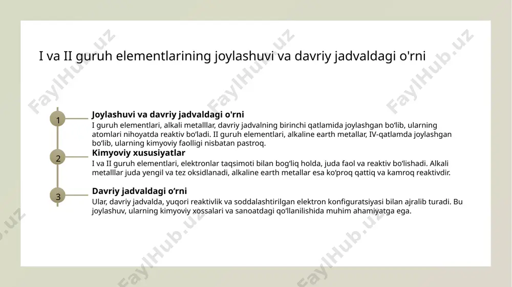 rab, ularning oksidlanish holati, metall yoki metall bo'lmagan xususiyatlari aniqlanadi. i va ii guruh elementlarining o'zaro ta'siri va ularning tabiatdagi roli 01 kimyoviy o'zaro ta'sir i guruh elementlari (alkali metallar) va ii guruh elementlari (alkali yer metal) o'rtasida kimyoviy reaksiyalar yuzaga kelishi mumkin, ular birgalikda yangi birikmalar hosil qilishi mumkin. bu ta'sirlar tabiiy muhitda muhim rol o'ynaydi, masalan, mineral shakllanishida. 02 tabiiy shakllanish bu elementlar tabiatda erkin holatda emas, balki turli minerallar va birikmalar shaklida mavjud. ular odatda suvda eriydigan yoki mineral tuzlar sifatida topiladi, bu esa ularning tabiiy muhitdagi muhim rolini belgilaydi. 03 kimyoviy reaktivlik alkali va alkaline earth metallari juda reaktiv bo'lib, ular odatda suv bilan tezkor reaksiyaga kirishadi. bu xususiyat ular bilan kimyoviy jarayonlarda, sanoatda va ekologiyada muhim ahamiyatga ega. 04 sanoatdagi ahamiyati bu elementlar sanoatda keng qo'llaniladi, masalan, alkali metallari akkumulyatorlar, kimyo sanoati va metallurgiyada, alkaline yer metallari esa qurilish va kimyo ishlab chiqarishda muhimdir. i …