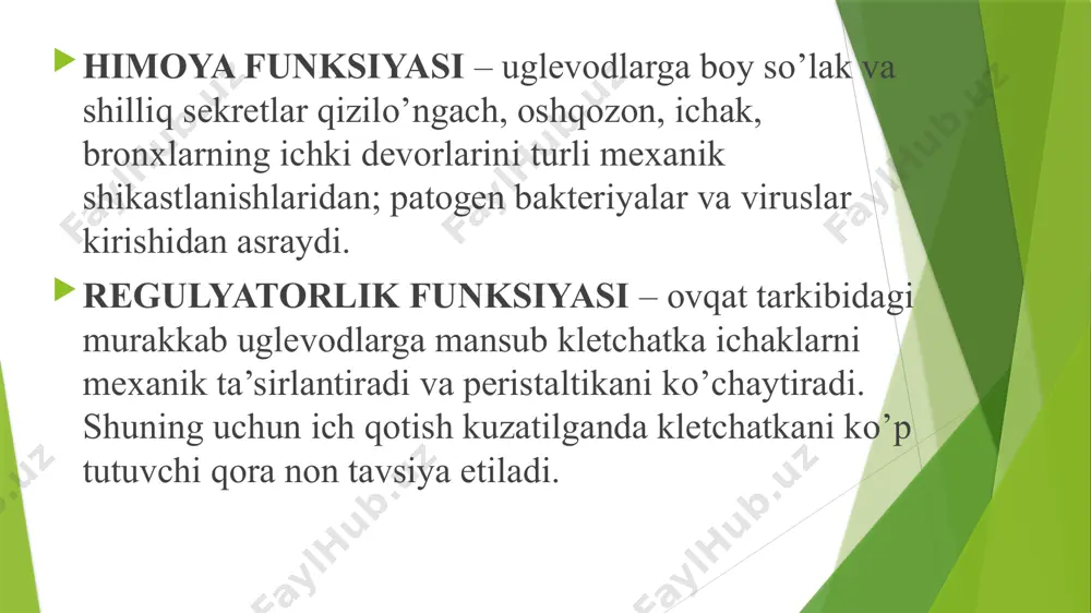 lik markazlar ko’zg‘aladi va gipotalamusga (glyukoza mikdorini impuls mns dan regulyasiya qiluvchi markazga) berilib, undan parasimpatak nerv tolalariga (n.vagus) o’tadi, so’ng oshkozon osti bezi b-hujayralariga o’tkaziladi, u yerda insulin sintezi tezlashadi. insulin muskul to’qimasida glyukozani glikogenga aylanishini tezlashtiradi. aksincha, qonda glyukozaning miqdori kamayganda impuls mns dan gipotalamus orqali simpatik nerv tolalariga o’tib, buyrak usti bezi mag‘iz qismiga boradi va adrenalin gormonining sintezlanishi tezlashadi. adrenalin esa glikogenni glyukozaga parchalanishini tezlashtiradi va qonda glyukozaning miqdori oshadi. qonda glyukoza miqdori va glyukoza metabolizmining gormonlar ta’sirida regulyasiyasi sxematik kyrinishi 1. glyukokortikosteroidlar - aminokislotolardan glyukoza sintezlanishini tezlashtiradi, 2. adrenalin va glikogen ta’sirida regulyasiya kilinadi, 3. insulin turli hujayra membranalarining glyukoza o’tkazuvchanligini oshiradi. uglevodlar almashuvini regulyasiyasining buzilishi (insulin gormonining etmasligi) qandli diabet kasalligini kelib chiqishiga sabab bo’ladi giperglikemiya va glikozuriya-qonda qandning miqdori oshib ketishi, siydik bilan glyukoza ko’p miqdorda (bir necha yuz gramm) ajralishi mumkin. - atsetonuriya-qonda atseton, atsetouksus kislotasi-oksimoy kislotasining miqdori ortib, siydik orqali ko’p …