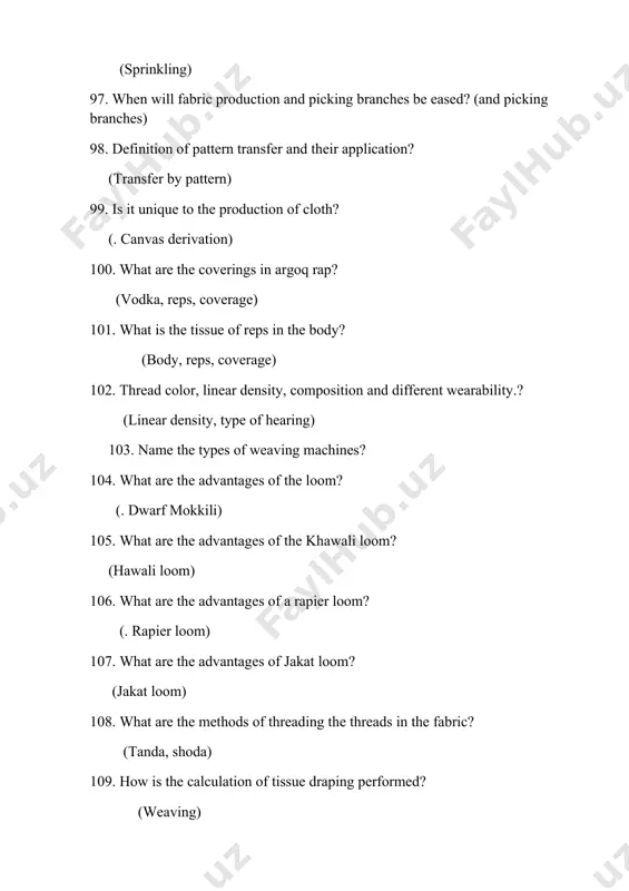 ex tissues) 82. information about large flower tissue? (1.5 layers of tissue) 83. bring the resulting tissue harvest.? (two-layer tissue) 84. give information about sarja mowing? (hairy tissues, mowing) 85. which types of cutting are included in the cutting of linen products? (harvest) 86. the second class - small-patterned mowing what are the 2nd sub-class mixed mowings? (mowing with small pattern) 87. what do you know about linen cutting? (skinny, hairy tissue) 88. give the groups of "pike" weaving? ("pique" fabric) 89. what are the groups of heads? (wrap "openwork" fabric) 90. a small class of large patterned fabrics? (large patterned fabrics) 91. normal large patterned tissues are divided into groups based on which symptoms? (large patterned fabrics) 92. name the groups of complex large patterned tissues? (complex, large-patterned fabrics) developers: o‘.a. baxtiyorova head of the department: m.m. ubaydullaev