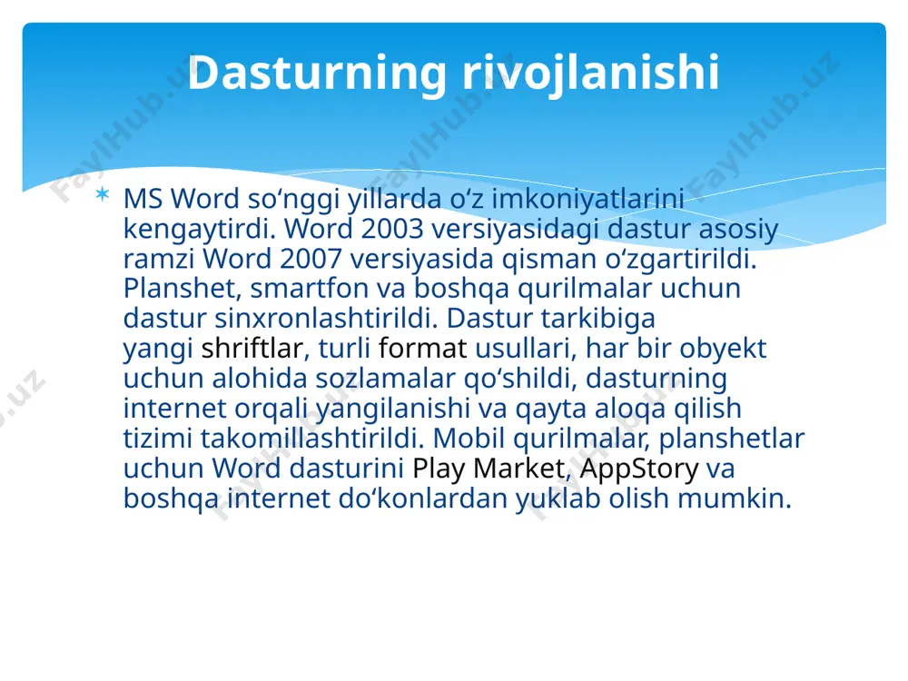 . bu matn muxarriri yordamida o'zbek shriftida va lotin alifbosi asosida, o'zbek tilida xar xil ma'lumotlarni osonlik bilan tayorlash mumkin. agar buyruqlar satrida argumentsiz wordni ishga tushirgan bo'lsangiz, u xolda kompyuter yangi xujjatni "документ 1" shartli nom bilan boshlashni taklif etadi. ushbu xujjatning shabloni normal.dat fayl standart fayl shaklida saqlanadi. yangi saxifa ochilgandan so'ng kerakli xujjat klaviatura tugmachalari orqali kiritiladi. word dasturida ishlash va unda hujjatlar hosil qilish odatda, matn klaviatura qurilmasidan terib kiritiladi. dastlab, ko'rsatkich ekranda kerakli joyga keltiriladi. kiritilayotgan matn ko'rsatkich turgan joyga joylashadi. agar kirill alifbosidan lotin alifbosiga o'tish lozim bo'lsa [alt]-[shift] tugmachalar majmuasidan foydalaniladi. klaviatura drayverlari xar xil bo'lganligi sababli, kirill alifbosida lotin alifbosiga o'tish, bazan ikki marta [shift] yoki [ctrl] bilan birgalikda bosilganda bo'lishi xam mumkin. yangi abzatsdan matnni kiritishni boshlash uchun qator nixoyasida [enter] tugmachasini bosish lozim, aks xolda ko'rsatkich avtomatik ravishda qator oxiridan yangi qator boshiga keladi. matndagi keraksiz jumlalarni o'chirish uchun ko'rsatkich …