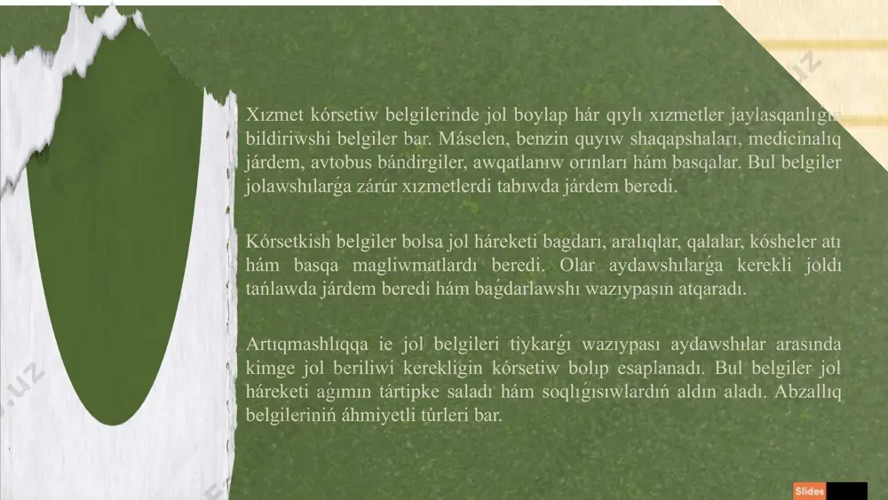 ti qoidalari to‘g‘risidagi qo‘llanma 2.islomov s. yo‘l harakati xavfsizligi asoslari 3.karimov a. yo‘l belgilarining ta’siri va ularning ahamiyati 4.toshkent davlat transport universiteti yo‘l harakati xavfsizligi kursi darsligi 5.rahmonov m. yo‘l harakati qoidalari va xavfsizlik 6.abdullayev n. avtomobil haydovchilari uchun yo‘l harakati qo‘llanmasi 7.o‘zbekiston respublikasi standartlashtirish agentligi yo‘l belgilarining xalqaro va milliy standartlari itibarin'iz ushun raxmet! image1.jpeg image2.png image3.png image4.png image5.png image6.png image7.png image8.jpeg image9.png image10.png image11.png image12.png image13.png image14.jpeg image15.jpeg image16.png image17.png image56.png image57.png image52.jpeg image53.png image54.png image55.jpeg image25.jpeg image26.jpeg image27.png image28.png image58.jpeg image59.png image36.png image42.png