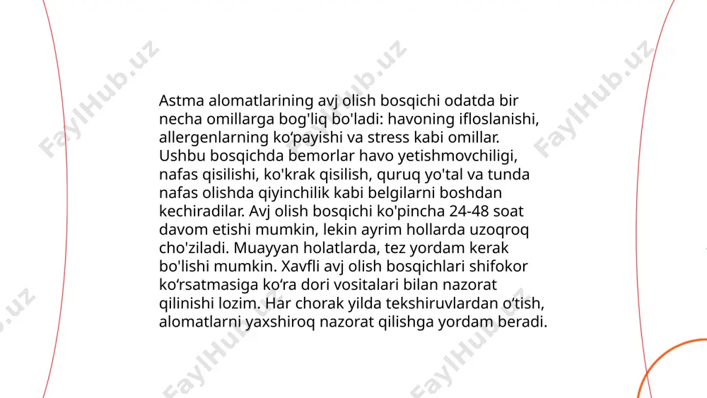 sh uchun odatda inhalatsion kortikosteroidlar kabi yalligʻlanishga qarshi dorilar buyuriladi. bronxial astma kasalligini kechish bosqichlari teshaboyeva orzigul e'tiboringiz uchun raxmat! image1.png image2.png image3.png /docprops/thumbnail.jpeg