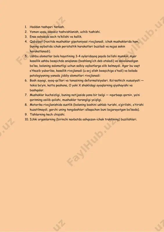 tahlillardan o’tishadi: 1. qonni elektrolitlarga tahlil qilish (kaltsiy va fosfor), ishqoriy fosfataza faolligi (suyak to’qimasi shikastlanishi ko’rsatkich) va vitamin d ning metabolitlari tahlili; 2. kunlik siydikda kaltsiy va fosforni aniqlash; 3. bilak suyaklarini ultratovush tekshiruvi. 4. 5. rentgenografiya (oxirgi paytlarda kam qo’llaniladi). raxitni davolash bolalardagi raxitni davolashda kompleks — maxsus va maxsus bo’lmagan usullardan foyalanib (kasallikning sababini hisobga olgan holda) olib borilishi kerak. no-maxsus usullari — bu ham to’g’ri ovqatlanish, ham bola kunining to’g’ri tartibi, ham turli umummustahkamlovchi muolajalar (massaj, gimnastika, o’simlik va tuzli vannalar va hokazo). maxsus usullari — vitamin d, kaltsiy va fosfor preparatlarni buyurish, teriga sun’iy ultrabinafsha nurlarini ta’sir qildirish. oziqlanish va kun tartibi raxitli bolalarni ovqatlanishini tanani zarur moddalar bilan ta’minlashga qaratilgan bo’lishi kerak. bir yoshacha bo’lgan bolalar uchun eng yaxshi ozuqa — bu ona sutidir. agar chaqaloqni emizish imkoni bo’lmasa, siz moslashtirilgan sut aralashmasidan foydalanishingiz mumkin, sigir va echki suti buning uchun mos kelmaydi. bundan …