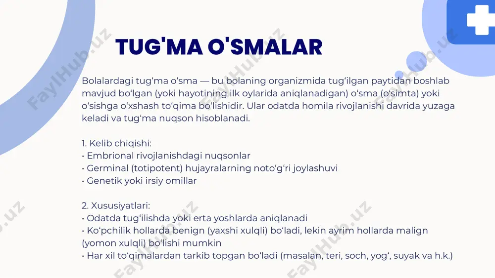 a aylanishi mumkin. 2. totipotent hujayralarning o‘z-o‘zidan bo‘linishi va rivojlanishi: bu hujayralar har qanday turdagi to‘qimaga aylanishga qodir (soch, teri, tish, suyak, asab to‘qimasi va h.k.). agar ular nazoratsiz ko‘payishni boshlasa, germinal o‘sma — teratoma paydo bo‘ladi. 3. embriogenezdagi (embrion rivojlanishi) genetik yoki rivojlanishdagi nuqsonlar: homila rivojlanayotganda genetik mutatsiyalar yoki tashqi muhit omillari ta’sirida hujayralar noto‘g‘ri rivojlanishi mumkin. bu esa o‘smaga olib keladigan asosiy sabab hisoblanadi. misollar: • xromosoma mutatsiyalari yoki genetik sindromlar (masalan, klinefelter yoki turner sindromlari) • dnkdagi nosozliklar yoki irsiy genetik buzilishlar 4. ekzogen omillar (tashqi muhit ta’siri): ba’zida quyidagi tashqi omillar ham teratoma rivojlanishiga sabab bo‘lishi mumkin: • radiatsiya ta’siri • kimyoviy moddalarning (masalan, dori-darmon, zaharli moddalar) onaga homiladorlik davrida ta’siri • virusli infektsiyalar (masalan, torch-infektsiyalar: toksoplazmoz, qizamiq, sitomegalovirus va boshqalar) 5. irsi (nasliy) omillar: teratoma ba’zan oilaviy tarzda kuzatiladi, bu esa irsiyat rol o‘ynashi mumkinligini ko‘rsatadi. ayniqsa, ba’zi sindromlar bilan birga kelganda. 1. totipotent (germinal) …