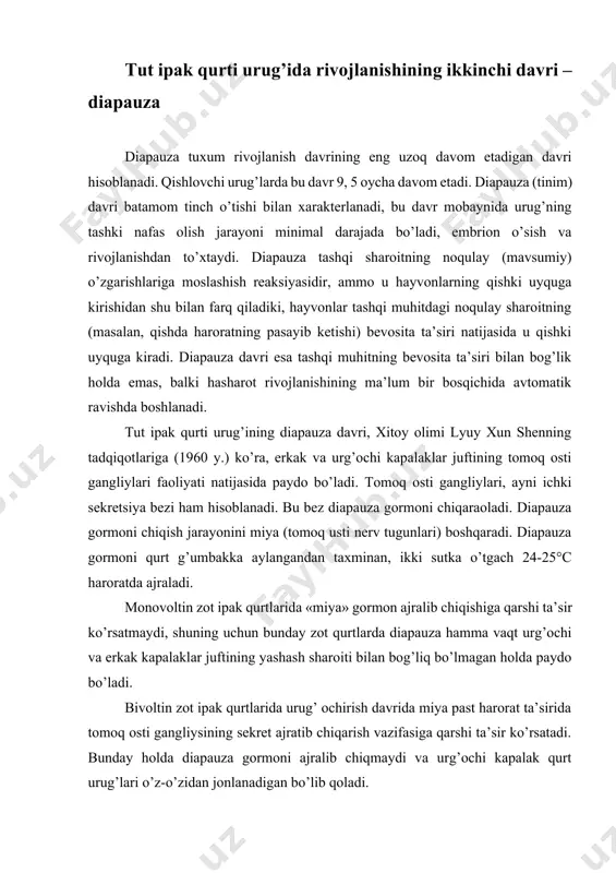 sti gangliysining sekret ajratib chiqarish vazifasiga qarshi ta’sir ko’rsatadi. bunday holda diapauza gormoni ajralib chiqmaydi va urg’ochi kapalak qurt urug’lari o’z-o’zidan jonlanadigan bo’lib qoladi. diapauza davri ikki fazaga bo’linadi. birinchi fazada urug’ning tashqi nafas olish tezligi tevarak-atrofdagi muhit haroratining o’zgarishiga bog’lik bo’lmaydi. birinchi faza diapauza davri paydo bo’lishi bilan, ya’ni kapalaklar tuxum qo’ygandan keyin uch kun o’tgach boshlanadi va tabiiy sharoitda urug’ni yoz bo’yi saqlash mobaynida (estivatsiya davrida) davom etadi hamda qisman kuzda, havo harorati 16- 17°cgacha pasaygan vaqtda ham o’tadi. ikkinchi faza urug’ning nafas olish tezligi tevarak-atrofdagi muhit haroratining o’zgarishiga bog’liq bo’lib kuzda, xavo harorat 17°c dan pastga tushib ketgan vaqtdan boshlanadi. bu fazada urug’ asta-sekin «sezgir» bo’la boshlaydi. haroratga bog’liq bo’lgan nafas olish jarayonining batamom tiklanishi uchun diapauzadagi urug’ + 2, +4°c da qishlab chiqishi kerak. qishlash muddati 100-120 kun davom etishi lozim. oq pilla o’rovchi zotlarning qishlash muddati 120-130 kun davom etganda eng yaxshi natijalarga erishilishi amalda …