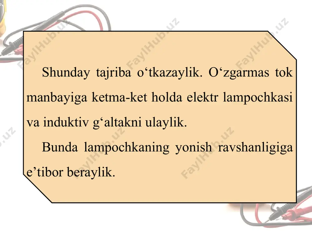 qiymatini, zanjirning bir qismi uchun yoziladigan om qonuni bilan solishtirilsa, ωl ko‘paytmaning qarshilikni ifodalashi ma’lum bo‘ladi. belgilash kiritamiz: u holda tok kuchining amplituda qiymati quyidagicha bo‘ladi: bu ifoda zanjirning bir qismi uchun om qonuni bo‘lib, aktiv qarshilik o‘rnida xl kattalik turibdi. shuning uchun uni induktiv qarshilik (reaktiv qarshilik) deyiladi. induktiv qarshilik ham ω (om) larda o‘lchanadi. bundan g‘altakdan o‘tuvchi tok kuchi g‘altakning induktivligiga va o‘zgaruvchan tok chastotasiga bog‘liq bo‘lishi kelib chiqadi. induktivlik va chastota qancha katta bo‘lsa, zanjir qarshiligi shuncha katta bo‘ladi va mos ravishda o‘tayotgan tok kuchi kichik bo‘ladi.