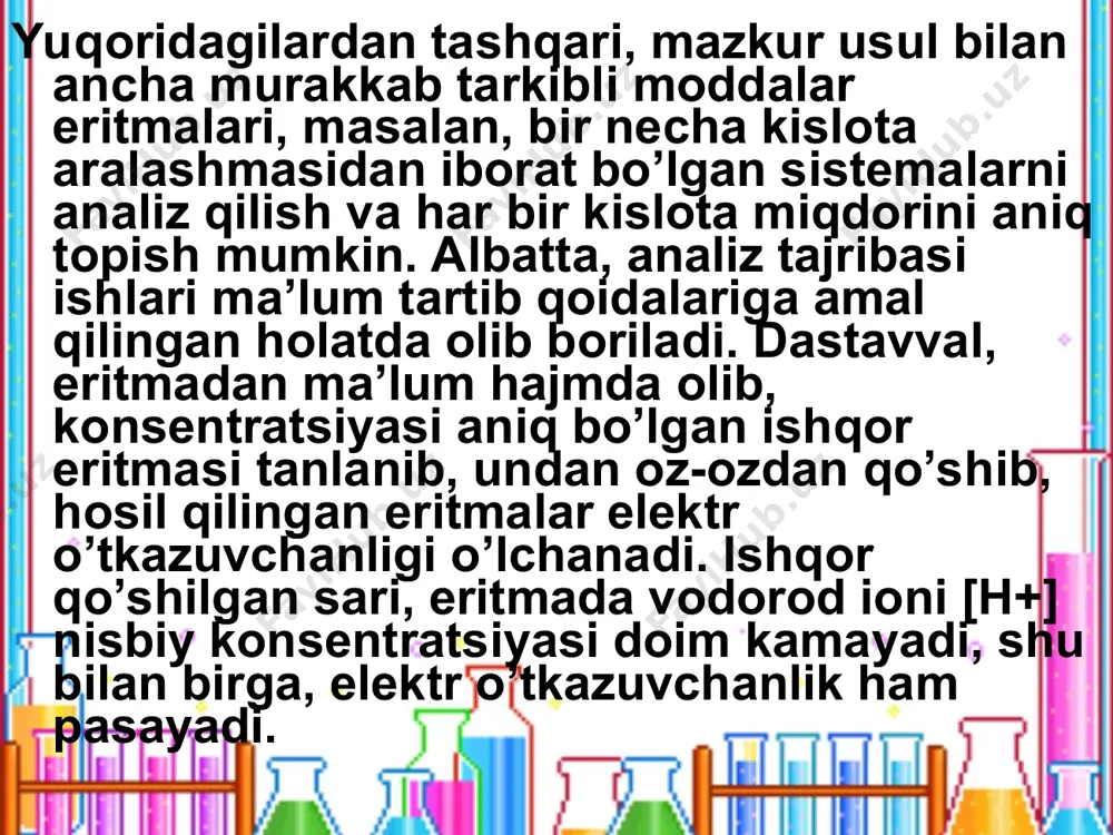 an eritmada elektroliz jarayoni amalga oshsin. bunda kumush ionining qaytarilish reaksiyasi, ya’ni ag++ e→ ag0 amalga oshadi. agar 10-6 a tok sarf bo’lsa, 1 mkg (10-6) sof kumush metali hosil bo’ladi. kulonometrik analiz olib borilganda elektr tokining faqat elektrokimyoviy jarayon uchun sarf bo’lishiga, ya’ni boshqacha har хil qo’shimcha jarayonlarni omalga oshmasligiga asosiy e’tiborni qaratmoq kerak. kulonometrik usul vositasida хilma-хil elektrokimyoviy jarayonlarni tahlil etish mumkin. ko’p analizlarda, moddalarning oksidlanish-qaytarilish reaksiyalariga uchratib, ayniqsa, metall kationlari qaytarilishi bilan, sof metallar sodir qilinadi, aniqrog’i, ajratib olinadi. mazkur usul bilan amalda mis (cu), qo’rg’oshin (pb), kadmiy (cd), vismut (bi) kabi ko’plab turdagi metallarni tutgan birikmalar analizlari samarali amalga oshiriladi. bunda, simobli elektrodlardan (katod) ko’p foydalaniladi. chunki simob amalgamasining hosil bo’lishi bir talaymetallarning elektrolitik ajratilishini ancha osonlashtiradi. ikkinchi tomondan esa, sof simob metalida vodorod gazi (h2) ning ajralishi nihoyatda qiyinligi sabab, suvli eritmalarda suv molekulari elektrolizi (parchalanishi) ham amalga oshmaydi. kulonometrik analiz paytida elektrokimyoviy jarayon va …