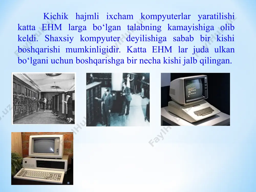 shaxsiy kompyuterlar (pc – personal computer); - bloknot (notebook) kompyuterlar. super kompyuterlar- juda katta tezlikni talab qiladigan va katta hajmdagi masalalarni yechish uchun mo‘ljallangan bo‘ladi. bunday masalalar ko‘p bo‘lib bular, ob-havoning global prognoziga oid masalalar , uch o‘lchovli fazoda turli oqimlarning kechishini o‘rganish, global axborot sistemalariga oid masalalarni o‘rganadi.bu toifadagi kompyuterlar bir sekundda 10 trilliardlab amallarni bajarishga mo‘ljallangan. katta kompyuterlar- fan va texnikaning turli sohalariga oid masalalarni yechishga mo‘ljallangan.ularning amal bajarish tezligi va xotira hajmi superkompyuterlarnikiga qaraganda bir- ikki pog‘ona past. bularga misol sifatida aqshning cray, ibm 390, 4300, ibm es/9000, fransiyaning borrous 6000, yaponiyaning m1800 rusumli kompyuterlari misol bo‘la oladi. minikompyuterlar- kichik kompuyuterlar hajmi va bajaradigan amallar tezligi jihatidan katta kompuyuterlardan kamida bir pag’ona pastdir. shuni aytish joyizki, ularning o‘lchamlari ixchamlashib, hatto shaxsiy kompyuterlardek kichik joyni egallaydiganlari yaratilmoqda. bunday kompuyuterlar turkumiga ilk bor yaratilgan pdp-11 (program driver processor –dasturiy boshqaruv prosessori)turkumini, ilgari harbiy maqsadlar uchun ishlatilgan. мини андроид пк …