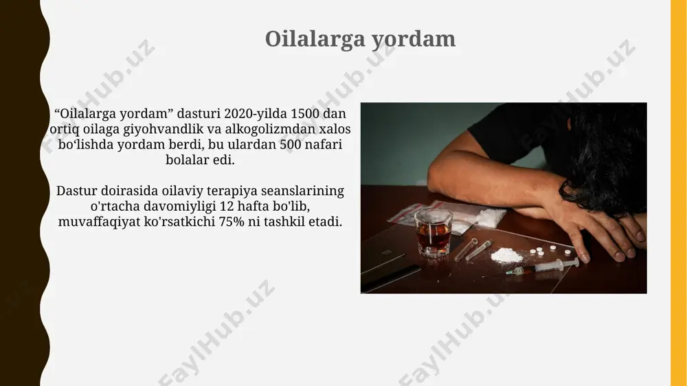 radi va 5 dan ortiq yutuqlarga erishishga turtki beradi. giyohvandlikning jismoniy ta'siri ba'zi giyohvand moddalar jigar sirroziga, buyrak yetishmovchiligiga va boshqa organlarning faoliyatini buzishiga olib kelishi mumkin, hatto o'limga ham sabab bo'lishi mumkin. giyohvandlik yurak urishi va nafas olish tezligini 150% ga oshirishi, qon bosimini ko'tarishi va qon tomirlariga shikast yetkazishi mumkin. giyohvandlikning iqtisodiy oqibatlari giyohvandlik jinoyatchilik darajasini oshiradi, bu esa jamiyatga qo'shimcha xarajatlar – politsiya, sud va qamoqxona tizimlariga yuk keltiradi, bu esa milliy byudjetga salbiy ta'sir ko'rsatadi. giyohvand moddalarni iste'mol qilish ish unumdorligini pasaytiradi, ishdan bo'shatishlarga olib keladi va natijada milliy iqtisodiyotga yiliga milliardlab dollar zarar yetkazadi. statistika shuni ko'rsatadiki, giyohvandlarning 70% dan ortig'i ishsiz. e'tiboringiz uchun rahmat @taqdimot_robot image1.jpg image2.jpg image3.jpg image4.jpg image5.jpg image6.jpg image7.jpg image8.jpg image9.jpg image10.jpg image11.jpg image12.jpg image13.jpg image14.jpg image15.jpg image16.jpg
