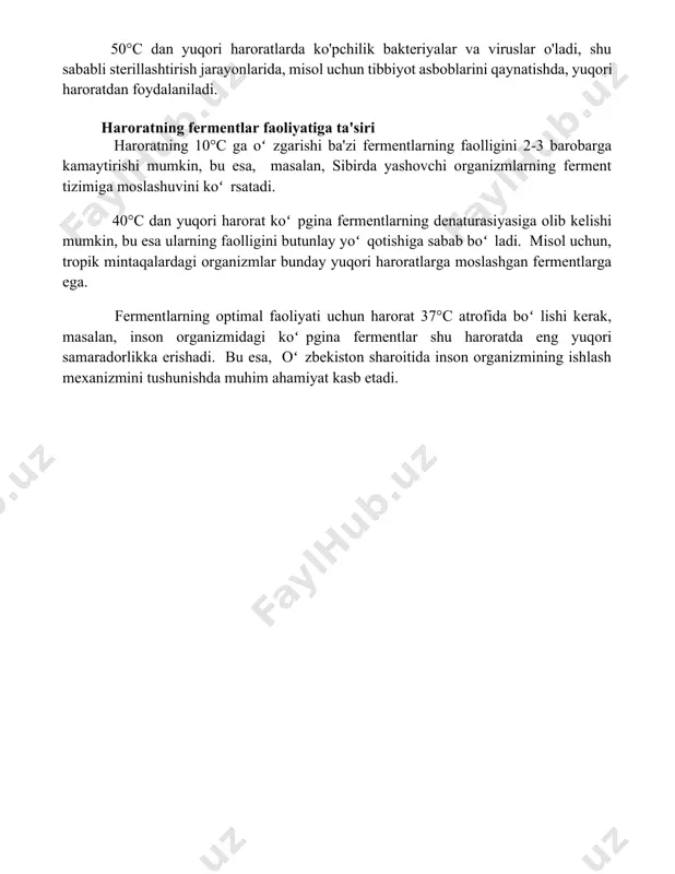 roratini tartibga soladi. ularning suv tejamkorligi ham juda yuqori. yuqori harorat ta'siri yuqori haroratlar 40°c dan yuqori bo'lganda, oqsillar denaturatsiyaga uchraydi, bu esa hujayra faoliyatining buzilishiga va o'limga olib kelishi mumkin, masalan, saxarada yashovchi organizmlar bunday sharoitga moslashgan. qizil dengizdagi marjon riflari 30°c dan yuqori haroratlarda oqarishga moyil bo'lib, bu esa ularning o'limiga va butun ekosisistemaga jiddiy ta'sir ko'rsatadi. 50°c dan yuqori haroratlarda ko'pchilik bakteriyalar va viruslar o'ladi, shu sababli sterillashtirish jarayonlarida, misol uchun tibbiyot asboblarini qaynatishda, yuqori haroratdan foydalaniladi. haroratning fermentlar faoliyatiga ta'siri haroratning 10°c ga oʻzgarishi ba'zi fermentlarning faolligini 2-3 barobarga kamaytirishi mumkin, bu esa, masalan, sibirda yashovchi organizmlarning ferment tizimiga moslashuvini koʻrsatadi. 40°c dan yuqori harorat koʻpgina fermentlarning denaturasiyasiga olib kelishi mumkin, bu esa ularning faolligini butunlay yoʻqotishiga sabab boʻladi. misol uchun, tropik mintaqalardagi organizmlar bunday yuqori haroratlarga moslashgan fermentlarga ega. fermentlarning optimal faoliyati uchun harorat 37°c atrofida boʻlishi kerak, masalan, inson organizmidagi koʻpgina fermentlar shu haroratda …