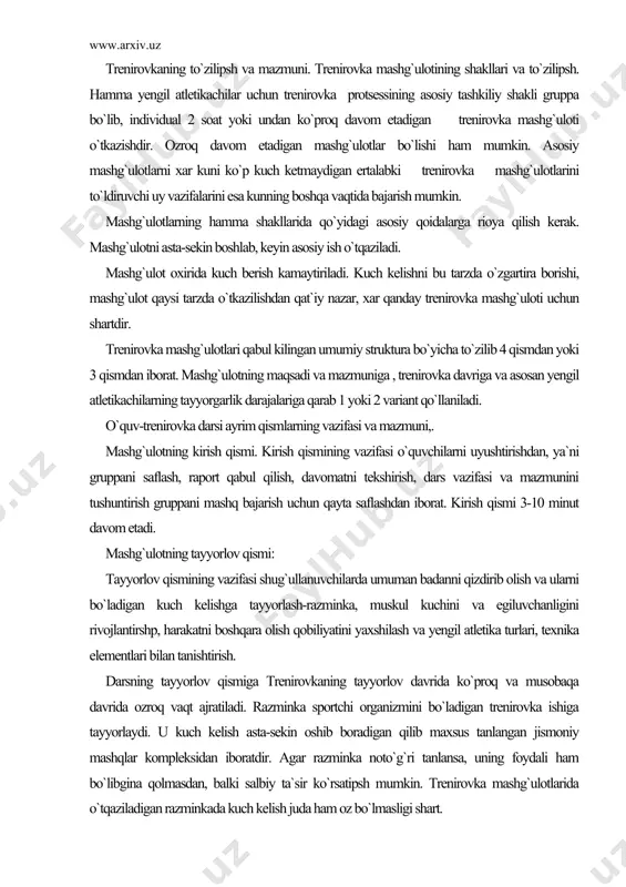 ruppani mashq bajarish uchun qayta saflashdan iborat. kirish qismi 3-10 minut davom etadi. mashg`ulotning tayyorlov qismi: tayyorlov qismining vazifasi shug`ullanuvchilarda umuman badanni qizdirib olish va ularni bo`ladigan kuch kelishga tayyorlash-razminka, muskul kuchini va egiluvchanligini rivojlantirshp, harakatni boshqara olish qobiliyatini yaxshilash va yengil atletika turlari, texnika elementlari bilan tanishtirish. darsning tayyorlov qismiga trenirovkaning tayyorlov davrida ko`proq va musobaqa davrida ozroq vaqt ajratiladi. razminka sportchi organizmini bo`ladigan trenirovka ishiga tayyorlaydi. u kuch kelish asta-sekin oshib boradigan qilib maxsus tanlangan jismoniy mashqlar kompleksidan iboratdir. agar razminka noto`g`ri tanlansa, uning foydali ham bo`libgina qolmasdan, balki salbiy ta`sir ko`rsatipsh mumkin. trenirovka mashg`ulotlarida o`tqaziladigan razminkada kuch kelish juda ham oz bo`lmasligi shart. razminka qo`yidagi qismlardan iborat bo`ladi. birinchi qismning vazifasi vegetativ funksiyalarni qizdirish hisobiga organizmning umumiy ish qobiliyatini oshirishdir. 2 chi qismda sportchi o`zida bo`lajak ishga moyillik hosil qilib olish kerak. razminkadan badan qismi qizdirilib atletning butun organizmi katnashadigan, ancha davom etadigan, o`rtacha kuch oladigan jismoniy …