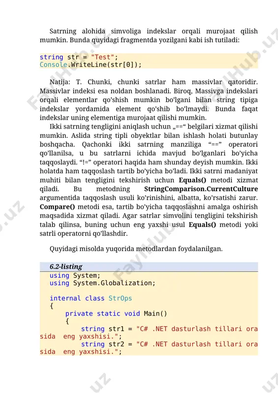 ndeks: " + idx); idx = str2.lastindexof("bir", stringcomparison.ordinal); console.writeline(" uchragan oxirgi indeks: " + idx); } } dastur natijasi 6.1-rasmda berilgan. ‘+’ operatori yordamida bir nechta satrlrni birlashtirish mumkin. quyidagi dastur fragmentining natijasini ko’raylik: string str1 = "bir"; string str2 = "ikki"; string str3 = "uch"; string str4 = str1 + str2 + str3; dastur natijasida str4=“birikkiuch” satrini qabul qiladi. eslatma: string kalit so’zi system.string sinfining psevdonimi hisoblanadi. .net frameworkda sinflar kutubxonalarda aniqlanadi, ya’ni ularni o’rnatganda to’g’ridan-to’g’ri bu sinf bilan moslik o’rnatiladi. satrlar massivi massiv elementi sifatida boshqa tiplar bo’lgani kabi satrlar ham xizmat qilishi mumkin. quyidagi misolda bu yaqqol ko’rinadi(6.3-listing). dastur natijasi 6.2-rasmda berilgan. 6.3-listing using system; internal class stringarrays { private static void main() { string[] str = { "bu", "juda", "oddiy", "matn." }; console.writeline("boshlang'ich massiv: "); for (int i = 0; i < str.length; i++) console.write(str[i] + " "); console.writeline("\n"); // satrni o’zgartiramiz. str[1] = "albatta"; str[3] …