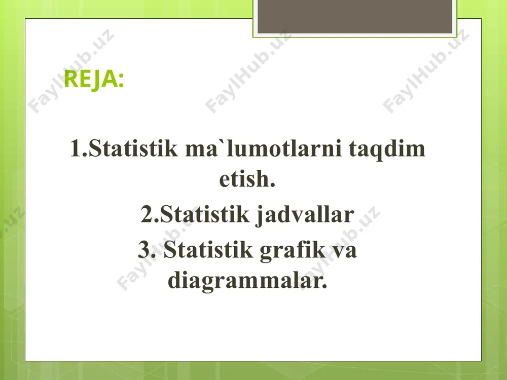 o’g’ri to’rtburchakli ustunlardan tashkil topgan bo’lib, har bir ustun uzunligi (bo’yi) kuzatilayotgan kattaliklarni aks ettiradi. tuzilmaviy diagrammalarning maqsadi - hodisalar (to’plam) ning har bir qismlari nisbati sifatida tavsiflanadigan statistik to’plamning tarkibini grafikda ifodalashdan iborat. hodisalar vaqt bo’yicha o’zgarishini tasvirlash uchun dinamika diagrammalari tuziladi. dinamika qatorlaridagi hodisalarni tasvirlash uchun ustunli, lentali, kvadrat, doiraviy, chiziqli, radial va boshqa diagrammalardan foydalanilishi mumkin. statistik grafiklar chiziqli grafiklarni tuzish uchun to’g’ri chiziqli koordinatalar tizimi qo’llaniladi. odatda, abtsissalar o’qi bo’yicha vaqt (yillar, oylar va boshqalar), ordinatalar o’qi bo’yicha esa – tasvirlanayotgan hodisalar yoki jarayonlar miqdoriy ko’rsatkichlari joylashtiriladi. statistik grafiklar gistogramma – bu intervalli variatsion qatorlarni tasvirlash uchun xizmat qiladi. bunda intervalli belgi o’lchovlari koordinata tizimi abstsissasida, intervalli belgining mos chastotalari (soni, vazni, salmog’i va h.k.) esa ordinata o’qida ma’lum masshtabda shkalalarda belgilanadi. statistik grafiklar poligon – diskret variatsion qatorlarni tasvirlash uchun qo’llaniladi. bunda diskret qator o’lchovlari abstsissa o’qida, chastotalar esa ordinata o’qida tasvirlanadi va bu nuqtalar …