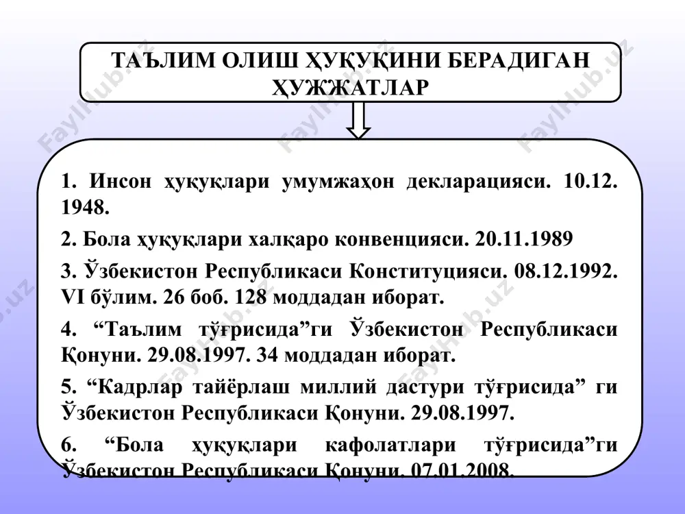 амда бундай ўқув юртларида бериладиган таълим давлат томонидан ўрнатилган минимал меъёрларга жавоб бериши керак, деган талабнинг бажарилишидаги эркинлигини чеклаш сифатида талқин қилинмайди. бола ҳуқуқлари халқаро конвенцияси ўзбекистон республикасининг конституцияси 41-модда ҳар ким билим олиш ҳуқуқига эга. бепул умумий таълим олиш давлат томонидан кафолатланади. мактаб ишлари давлат назоратидадир. 42-модда ҳар кимга илмий ва техникавий ижод эркинлиги, маданият ютуқларидан фойдаланиш ҳуқуқи кафолатланади. давлат жамиятнинг маданий, илмий ва техникавий ривожланишига ғамхўрлик қилади. 4. ўзбекистон республикасининг қонуни а) “таълим тўғрисида” 1997 йил 29 августда қабул қилинган бўлиб, 34 моддадан иборат 5-модда. педагогик фаолият билан шуғулланиш ҳуқуқи – тегишли маълумоти, касбий тайёргарлиги мавжуд ва юксак ахлоқий фазилатларга эга шахсларга берилади. ўзбекистон республикасининг қонуни б) “кадрлар тайёрлаш милий дастури тўғрисида” 1997 йил 29 августда қабул қилинган “кадрлар тайёрлаш миллий дастури”нинг мақсади таълим соҳасини тубдан ислоҳ қилиш, уни ўтмишдан қолган салбий мафкуравий қарашлар ва сарқитлардан тўла халос этиш, ривожланган демократик давлатлар даражасида, юксак маънавий ва ахлоқий талабларга …