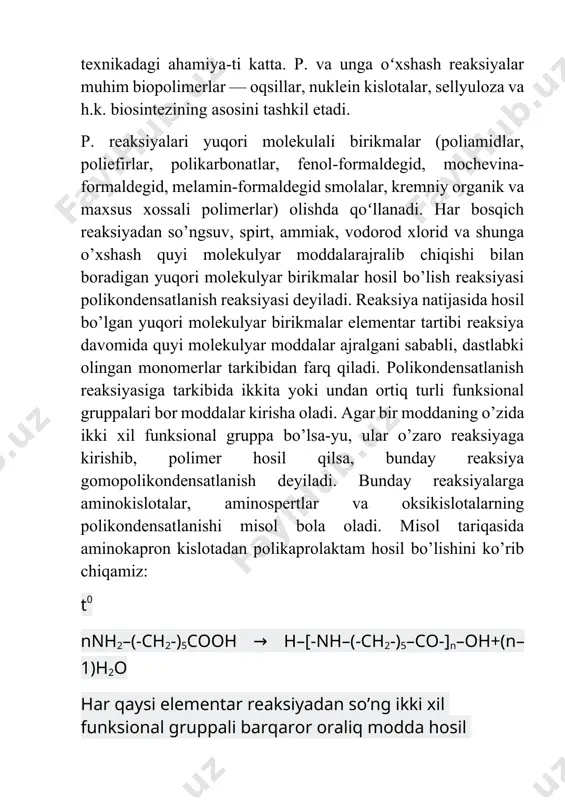 larning birida uch va undan ortiq funksional gruppalar bo’lishi polikondensatlanish reaksiyasini murakkablashtiradi va fazoviy to’rsimon tuzilishga ega makromolekulalar hosil qiladi. bunday jarayon fazoviy polikondensatlanish deyiladi. misol tariqasida gliserin va para-ftal kislotaning kondensatlanishini ko’rsatish mumkin. bu reaksiyada gliserin avval bifunksional gruppali modda sifatida qatnashib, chiziqli polikondensat – gliftal smolalar hosil qiladi. t0 nch2oh–choh–ch2oh+nhooc–c6h4–cooh → h–[-och2–choh–ch2–o–oc–c6h4–co-]n–oh+(2n–1)h2o pirovardida, yuqori temperatura ta’sirida gliserinning uchinchi funksional gruppasi ham reaksiyaga kirishib, fazoviy – to’rsimon tuzilishga ega polikondensat hosil qiladi. hozirgi kunda yumb lar (poliamidlar, poliefirlar, fenol-formal’degid, mochevina-formal’degid, melamin-formal’degid, kremniy-organik polimerlar) sintez qilishda polikondensatlanish reaksiyalaridan samarali foydalanilmoqda. dikarbon kislotaning murakkab efirlari ham reaksiyaga kirishishi mumkin. biroq bu holda reaksiya natijasida suv emas, balki spirt ajralib chiqadi: t0 nh2n-r-nh2 + r``o-oc-r`-co-or`` → [hn-r-nh-co-r`-co]n + 2r``oh polikondensatlanish jarayonida molekulyar massasi uncha katta bo`lmagan polimerlar hosil bo`ladi. buning sababi quyidagi holatlar orqali tushuntiriladi; 1. polikondensatlanish jarayonida qatnashuvchi monomerlar tarkibidagi funksional guruxlarning ekvivalent miqdori buzilishi. 2. polikondensatlanish jarayonida hosil bo`layotgan quyi …