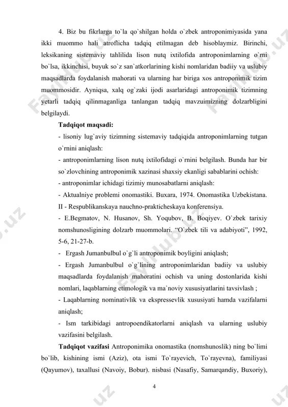 ilgan. ishning ilmiy yangiligi quyidagidan iborat: til lug`at boyligining sistemaviy tadqiqida antroponimlar o`rni aniqlandi. ushbu tadqiqotda antroponimik qurshov “odam ”, “erkak”, “ayol” leksimalarning eng chekka nomlar qurshovidan o`rin olishi, bu qurshovning o`zi muayyan so`zlar bilan to`ldirilmaganligi sababli antroponimlar lisoniy lug`aviy tizimga, leksemalar tizimiga yarim aloqador ekanligi asoslandi. “odam ”, “erkak”, “ayol” leksimalarning nomlar qurshovi bo`sh qurshov sifatida mavjudligi va bu qurshovning ijtimoiy hayotiga mos ravishda to`ldirilib borishi antroponimlarning har bir shaxsning faol so`z boyligi tarkibidan to`la o`rin olishiga imkoniyat beradi. bu bilan antroponimlarning lisoniy lersemalar tizimiga to`la kirmasdan turib, har bir shaxsning faol so`z boyligi tarkibidan o`rin olishi dialektikasi ochib berildi. shu asosda ergash jumanbulbul o`g`li dostonlarida antroponimlar tizimi tavsiflanib, uning o`z qahramonlariga nom berish omillari, jumladan , tarixiylik, badiiy – uslubiy, (qahramonni tavsiflash), badiiy qahramonga o`z munosabatini ifodalash maqsadlari sharhlandi. tadqiqotning nazariy va amaliy ahamiyati: ishdan leksikani tizimiy o`rganish jarayonida onomastik birliklarning o`rnini belgilashda, ularning o`zaro ichki tizimiy munosabatlarini …