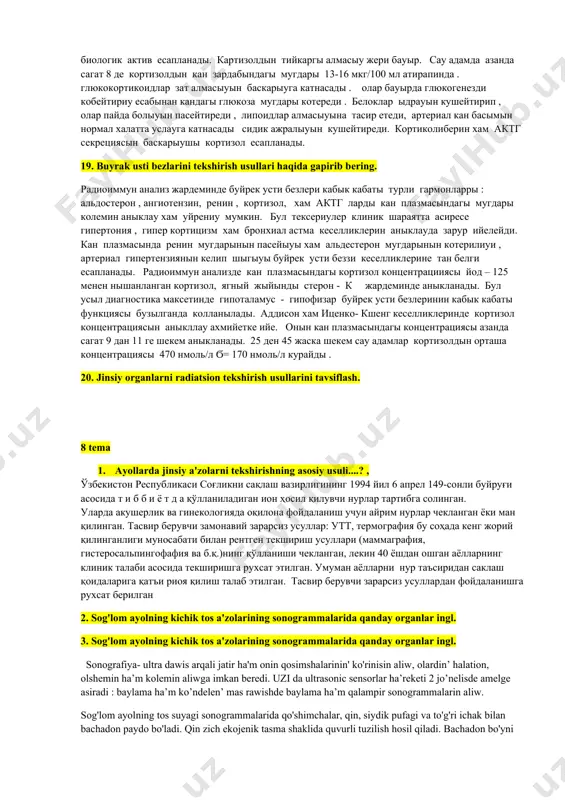 л болими са резорбциясына тасир етип онын ажралып шыгыуын кемейтиреди. 15. oshqozon osti beziga tavsif bering. асказан асты безине характеристика берин асказан асты бези так орган болып , карин перде аркасы бослыгында жайласкан. ол аукат сыныриу ферментлер – силекейлер ххам турли гармонлар ислеп шигарады. эндокрин болими лангерганс аралшалардан куралган. биосинтез процессинин баслсныуында препроинсулин пайда болып , микросомларда проинсулинге айланады. кандагы глюкоза колеми инсулин секрециясын баскарыушы зарур фактор есапланады. протиолитик ферментлер жардеминде инсулин бауир хам буйреклерде идрайды. 16. me'da osti bezini o'rganishning radiatsiya usullari haqida gapirib bering. наукастын кан плазмасындагы инсулин мугдарына карап рит усылында кантлы диабетдын турли формалары, инсулиннин толык яки кисман жетиспеушилигин аныклау : гипогликемик жагдайды хам инсулиноманы хамде диабетти емлеуде керекли препаратларды танлау хам дозасын аныклау мумкин. 17. qon zardobidagi insulin kontsentratsiyasi qanday usul bilan aniqlanadi va nima normal bo'lishi kerak. кандагы глюкоза колеми инсулин секрециясын баскарыушы зарур фактор есапланады. протиолитик ферментлер жардеминде инсулин бауир хам буйреклерде идрайды. …