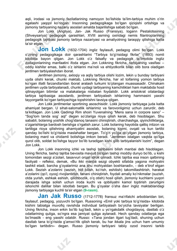 yanga davrda chet el mamlakatlarida jismoniy tarbiya va sport. jismoniy tarbiya nazariy asoslarining taraqqiy etishi. yevropa mamlakatlarida gimnastika tizimlarining vujudga kelishi. angliya va aqshda sport va sport o’yinlarining rivojlanishi. osiyo, amerika va afrika mamlakatlarida jismoniy tarbiya. xvi-xix asrlarda hukm surgan feodal tuzumi emirilib, kapitalizm davri boshlangan. bu davrda tabiatshunoslikka doir juda ko’p ilmiy kashfiyotlar qilingan. moddiy dunyoning barqarorligi va g’ayritabiiy kuchlarning yo’qligi haqidagi fikrlarga olib kelgan. jamiyat uchun tadbirkor, uddaburon, sog’lom ishchilar zarur bo’lgan. odamning aqli, irodasi va jismoniy fazilatlarining namoyon bo’lishida ta’lim-tarbiya muhim o’rin egalashi yaqqol ko’ringan. insonning pedagogikaga bo’lgan qiziqishi ortishiga va jismoniy tarbiyaning nazariy asoslari amalda bajarilishiga sabab bo’lgan. jon lokk (angliya), jan- jak russo (fransiya), iogann pestalotssining (shveysariya) pedagogik qarashlari, xviii asrning oxiridagi nemis filantroplarining pedagogik tajribasi jismoniy tarbiya nazariyasi va amaliyotning taraqqiy qilishiga katta ta’sir etgan. jon lokk (1632-1704) ingliz faylasufi, pedagog olimi bo’lgan. lokk o’zining pedagogikaga doir qarashlarini “tarbiya to’g’risidagi fikrlar” (1693) nomli kitobida …