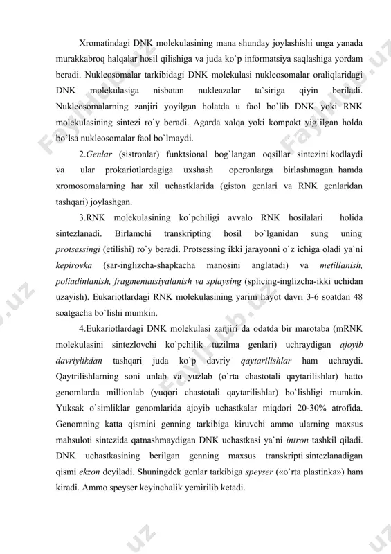 enlar tarkibiga speyser («o`rta plastinka») ham kiradi. ammo speyser keyinchalik yemirilib ketadi. dnk tuzilishi. ma`lumki dnk to`rtta nukletidning yuqori polimeridir. dnk nukleotidlari o`z ichiga purin (adenin, guanin) va pirimidin (sitozin, timin) azotli asoslarini, qand-dizoksiriboza va fosfat kislotasi qoldig`ini oladi. dnk molekulasi qush zanjir holatida bo`lib uning har bir zanjiri o`zaro bir-biri bilan fosfat kislotasining dizoksiribozadagi 3`-5` holatida kovalent bog`langan nukleotidlar polimeridan iboratdir. dnk molekulasining ikkala zanjiri bir-biri bilan purin va pirimidin asoslarining ichkariga qaragan tomonlari hisobiga hosil buluvchi vodorod bog`lari bilan bog`langandir. azotli asoslarning uzaro ta`sirida adenin doimo timin bilan, guanin esa sitozin (5-metiltsitozin) bilan uzaro ta`sirda bo`ldi (xi.3-rasm). binobarin azotli asoslarning bir-biri bilan birikishida to`rtta variant bo`lishi mumkin ya`ni a-t, t-a, g-s, s-g. mana shu uzaro ta`sir yoki komplementarnost dnk molekulasining o`z-o`zini tuzishida rnk molekulasining dnk asosida sintezlanishida va hujayradagi barcha oqsillar sintezida ham yotadi. eukariotlar dnk molekulasida 109-10u juft asoslar bo`lishligi mumkin. dnk sintezi. dnk sintezi ya`ni replikatsiyasi …