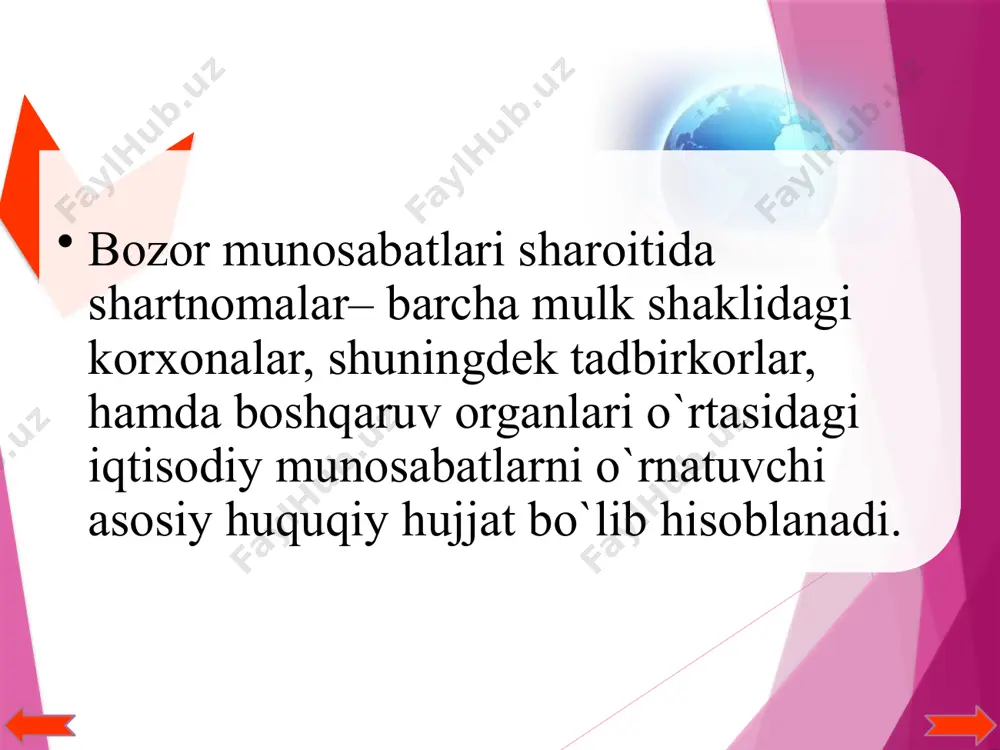rtnomasi, qoida tariqasida taraflardan birining oferta (shartnoma tuzish haqida taklif) yo`llashi va ikkinchi taraf uni akseptlashi (taklifni qabul qilishi) yo`li bilan tuziladi. agar taraflar o`rtasida shartnomaning barcha muhim shartlari bo`yicha kelishuvga erishilgan bo`lsa, xo`jalik shartnomasi tuzilgan deb hisoblanadi. xo`jalik shartnomasi shartnoma predmetini, yetkazib beriladigan tovarning miqdori, sifati, assortimenti va bahosini, shartnomaning bajarilish muddatlarini, hisob-kitob qilish tartibini, taraflarning majburiyatlarini, shartnoma majburiyatlari bajarilmaganda yoki lozim darajada bajarilmaganda taraflarning javobgarligini, nizolarni hal etish tartibini hamda taraflarning rekvizitlarini, shartnoma tuzilgan sana va joyni va boshqa muhim shartlarni nazarda tutishi kerak. xo`jalik shartnomasida hisob-kitob qilish tartibi belgilanayotganda tovarlar (ishlar, xizmatlar) haqini qonun hujjatlarida belgilanganidan kam bo`lmagan miqdorda oldindan to`lab qo`yish albatta nazarda tutilgan bo`lishi kerak. xo`jalik shartnomasini tuzishda taraflar tegishli turdagi shartnomalar uchun ishlab chiqilgan hamda huquqiy ekspertizadan belgilangan tartibda o`tkazilganidan so`ng e'lon qilingan o`zlarining namunaviy yoki tipovoy shartlariga (shakllariga) amal qilishlari mumkin. xo`jalik shartnomasini tuzilish jihatidan shartli ravishda to`rt qismga: 1) kirish; 2) shartnoma …