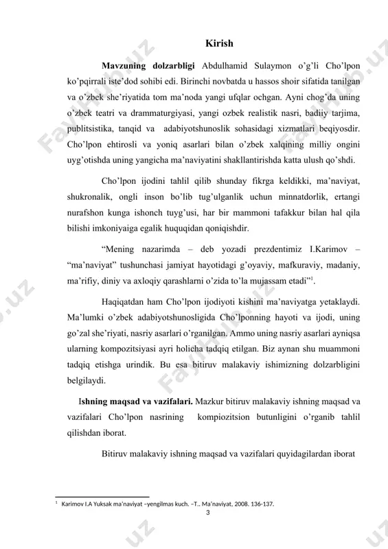 atni tortdi.[footnoteref:2] s.mamajonov esa "kecha va kunduz"da hikoya qilishdan ko‘ra ko‘rsatish, "sahnaviylik" xususiyati ustunligini ta’kidlab ko‘rsatdi[footnoteref:3]1. adabiyot instituti tomonidan yaratilgan "adabiy turlarlar va janrlar" nomli fundamental tadqiqotning epos nazariyasiga bag‘ishlangan birinchi jildiga[footnoteref:4]2 cho‘lpon asarlarining ham jalb etilishi muhim ahamiyatga molik bo‘ldi. zero, unda cho‘lpon asarlari epik tur va janrlar nazariyasining dolzarb muammolarini hal etish uchun yordamchi materialgina bo‘lib qolmadi, avvalo, ularning o‘zi nazariy aspektda yoritildi. eng muhimi, mazkur tadqiqotda nasrimiz taraqqiyotiga oid ilgarigi tadqiqotlarda ochiq qoldirilgan sahifalar to‘latildi, cho‘lponning nasrimiz rivojida tutgan o‘rni ilk bora bo‘rtibroq ko‘zga tashlandi. ayni paytda, cho‘lpon nasri poetikasining ayrim qirralarini, xususan, xarakter yaratish va xarakterlar psixologizmi masalalarini o‘rganshga qaratilgan maxsus tadqiqotlar ham yozildi. [2: o.sharafaddinov. cho’lpon. –t.,1991; n.karimov. cholpon.-t.,1991] [3: 1 m.qo’shjono. “kecha va kunduz” romanida obrazlar tizmasi// o’zbek tili va adabiyoti.-1992.-n3-4] [4: 2 adabiy turlar va janrlar (tarixi va nazariyasiga oid): 3 jildlik. 1 jild.-t.,1991] tadqiqot obyekti va predmeti. cho’lponning kichik va katta nasriy …