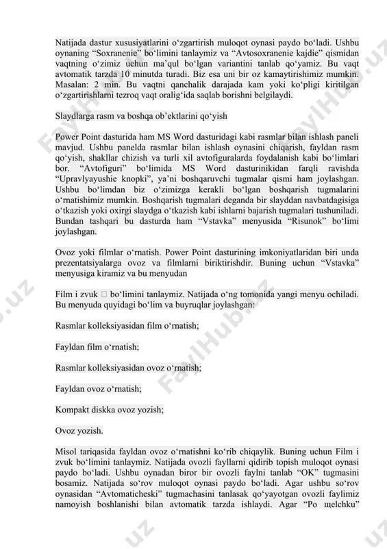 osish. ushbu xolatdagi saqlash ham xuddi avvalgisi kabi bir xil bo‘ladi. 3.klaviatura orqali [ctrl+s] yoki [shift+f12] tugmalarini bosish. ushbu vaziyatlar ham avvalgilari kabi fayl oldin nom bilan saqlangan bo‘lsa, o‘zgarishlarni fayl ustiga saqlab qo‘yadi. agar xali nomlanmagan bo‘lsa, saqlash muloqot oynasi chiqadi. 4.boshqa nom bila saqlash. boshqa nom bilan saqlash uchun ya’ni oldin saqlangan bo‘lsa unga yangi nom kiritish uchun fayl menyusiga kiramiz va u yerdan soxarnit kak buyrug‘ini tanlaymiz. klavyaturada esa f12 tugmachasini bosish kerak bo‘ladi. natijada faylga yangi nom kiritish muloqot oynasi paydo bo‘ladi. ushbu oynaning ko‘rinishi ham xuddi oldingi saqlash oynasi bilan bir xil bo‘ladi. 5.avto saqlash. dasturning yana bir imkoniyati bu kiritilgan o‘zgartirishlarni avtomatik saqlab borishdir. avto saqlash vaqtini sozlash uchun “servis” menyusiga kiramiz va u yerdan “parametri” – xossalar buyrug‘ini tanlaymiz. natijada dastur xususiyatlarini o‘zgartirish muloqot oynasi paydo bo‘ladi. ushbu oynaning “soxranenie” bo‘limini tanlaymiz va “avtosoxranenie kajdie” qismidan vaqtning o‘zimiz uchun ma’qul bo‘lgan variantini tanlab …