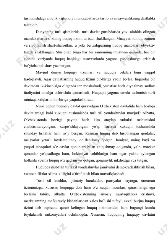 xil kuchlar, ijtimoiy harakatlar, partiyalar hayotga, umuman tizimimizga, xususan huquqqa doir ham o`z nuqtai nazarlari, qarashlariga ega bo`lishi tabiiy, albatta. o`zbekistonning siyosiy mustaqillikka erishuvi, marksizmning mafkuraviy kishanlaridan xalos bo`lishi tufayli avval burjua huquq tizimi deb bepisand qarab kelingan huquq tizimlaridan ham bugungi kunda foydalanish imkoniyatlari ochilmoqda. xususan, huquqning huquqiy davlatni barpo etish muhim quroli ekanligi o`zbekistonda tan olindi va bu borada ibratli ishlar qilinmoqda. huquq huquqiy dav-lat barpo etish yo`nalishlarini belgilab bermokda. qonun ustuvorligi, davlat hokimiyati hujjatlarining huquqqa muvofiqligi ta`minlanmokda. huquqiy davlatni shakllantirish jarayonida huquq va uni to`g`ri tushunishning amaliy ahamiyati yaqqol namoyon bo`ladi. nimani muhofaza qilish, nimaga bo`ysunish, nimaga itoat etmaslik - bu masalalar har bir amaliyot xodimining qarshisida turgan masaladir. umumiy qoida sifatida aytish mumkinki: huquqni qo`llovchilar va oddiy fuqarolar uchun yuridik kuchga ega bo`lgan qonunlar va unga asoslanib chiqariladigan hujjatlar g`oyat zarur. huquq ijodkorlari, qonun ijod qiluvchilar uchun huquq masalasi juda muhim. yuridik adabiyotlarda hukukqa turli xil …