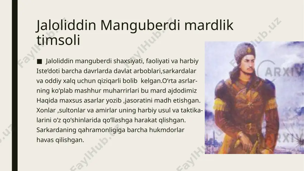 n manguberdi “ asari nashir etildi. mazkur asar jalogʻiddin manguberdi tarixining yangi sahifalardan biridur. jalolidddin manguberdi: tarixning yangi saxifalarida 2000 – yilning 30 – avgust kuni manguberdi xotirasini e’zozlash maqsadida “ jaloliddin manguberd” ordeni ta’sis etilgan. bu orden bilan mamlakat mutaqilligini, xalqning or – nomusini, vatan sarkardalarini himoya qilishda hamda uni koʻz qorachigʻiday asrashda yuksak harbiy mahorat, qahramonlik va jasorat koʻrsatgan. davlatning mudofaa qudratini mustahkamlashga ulkan hissa qoʻshgan qoʻmondonlik tarkibiga kiruvchi harbiy xizmatchilar mukofatlanadi. yurtimizda jaloliddin manguberdi tavalludini keng nishonlash doimiy an’anaga aylandi. oʻzbekistonda unga atab bir nechta haykallar oʻrnatilgan. xorazm viloyatida jaloliddin manguberdiga bagʻishlangan memorial majmua qurilgan. xulosa jaloliddin manguberdi - bu oʻzbek xalqining milliy qahramoni vatan himoyachisi va ilhom manbai. uning qahramonligi va vatanparvarligi bizni bugungi kunda ham ilhomlantiradi. kelajak avlodlar uning qahramonliklarini eslab oʻz vatanlarini himoya qilishga harakat qilishlari kerak. etiboringiz uchun raxmat. image1.jpeg image2.jpeg image3.jpeg image4.jpeg image5.jpeg image6.jpeg image7.jpeg image8.jpeg image9.jpeg /docprops/thumbnail.jpeg