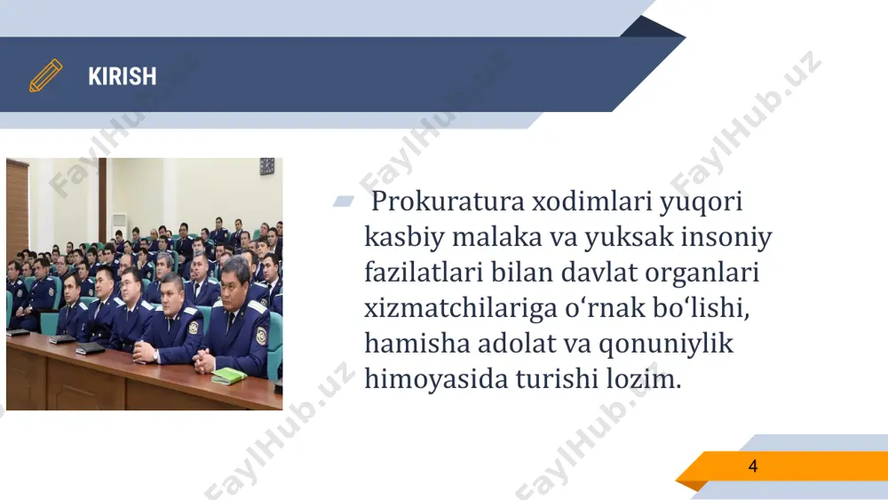 nsport prokuraturalari ixtisoslashtirilgan prokuraturalar fargʻona, andijon, namangan, toshkent, chirchiq, guliston, jizzax, samarqand, qarshi, termiz, buxoro, navoiy, xorazm, nukus fargʻona, toshkent, toshkent aviatsiya, xovos, jizzax, samarqand, qarshi, termiz, buxoro, navoiy, urganch, nukus olmaliq, moʻynoq, xorazm bosh prokuratura huzuridagi iqtisodiy jinoyatlarga qarshi kurashish departamenti o‘zbekiston respublikasi bosh prokurorining taqdimnomasiga binoan o‘zbekiston respublikasi prezidenti tomonidan lavozimga tayinlanadigan va lavozimidan ozod etiladigan departament boshlig‘i rahbarlik qiladi. 20 o‘zbekiston respublikasi bosh prokuraturasi huzuridagi majburiy ijro byurosi o‘zbekiston respublikasi bosh prokurorining taqdimnomasiga binoan o‘zbekiston respublikasi prezidenti tomonidan lavozimga tayinlanadigan hamda lavozimidan o‘zbekiston respublikasi prezidenti tomonidan ozod etiladigan direktor rahbarlik qiladi 21 prokuror nazorat hujjatlari 22 protest qaror taqdimnoma ariza ogohlantiruv xulosa 23 24 rahmat e’tiboringiz uchun savollaringiz bo’lsa, marhamat! image1.png image2.png image3.jpeg image4.jpeg image5.jpeg image7.png image9.png image10.jpeg image11.jpeg image12.jpeg image13.png image14.jpeg image15.jpeg image16.jpeg image17.jpeg image18.jpeg image19.jpeg image20.jpeg image21.jpeg image22.jpeg image23.jpeg image24.jpeg image25.jpeg image26.jpeg image27.jpeg image28.jpeg image29.jpeg image30.jpeg image31.png image32.jpeg