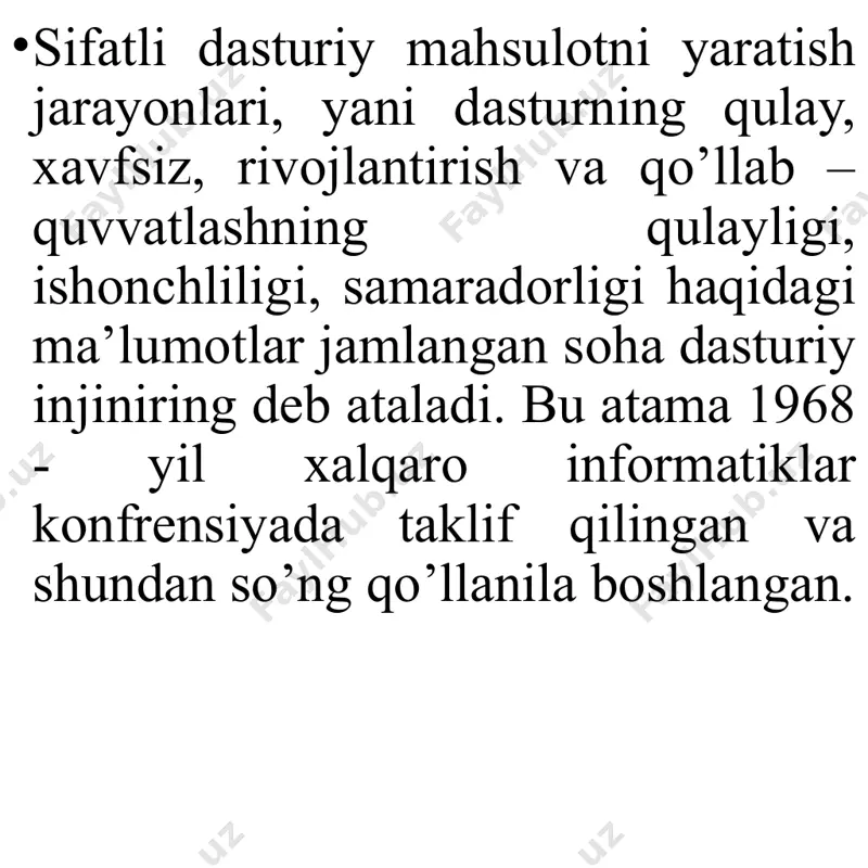 a kiritish vositalarining uzoq muddatli (doimiy) asosda ekspluatatsiya qilinishini ta`minlash bo`yicha faoliyat; v) o`zi tomonidan ishlab chiqilgan dasturiy ta`minot vositalarini ko`paytirish, joriy qilish, shuningdek kuzatish (xizmat ko`rsatish) bo`yicha faoliyat, shu jumladan o`zi tomonidan ishlab chiqilgan dasturiy ta`minot vositalarini sotish, foydalanishga berish, ularni joriy qilish, dasturiy ta`minot vositalarini ishlab chiqish va texnik kuzatish bilan bog’liq xizmatlarni ko`rsatish, ishlab chiquvchining o`zi tomonidan ishlab chiqilgan dasturiy ta`minot vositalari xaridorlari va foydalanuvchilarini o`qitish hamda ularga maslahatlar berish tushuniladi. dasturiy ta`minot - kompyutеrning ikkinchi muhim qismi bo`lib, u ma`lumotlarga ishlov bеruvchi dasturlar majmuasini va kompyutеrni ishlatish uchun zarur bo`lgan hujjatlarni o`z ichiga oladi. dasturiy ta`minotsiz har qanday kompyutеr bamisoli bir parcha tеmirga aylanib qoladi. dasturiy ta`minot (software - dt) dеb shk tomonidan bajariladigan aniq bir buyruqlar kеtma-kеtligining majmuasiga aytiladi. dasturiy ta`minot shuningdеk dtni loyihalashtirish va yaratish bilan bog`liq quyidagi masalalar bilan shug`ullanadi: dasturlarni sinash va to`g`riligini isbotlash usullari; dasturlarning ishlashi sifatini tahlil va hujjatlashtirish; dasturlarni …