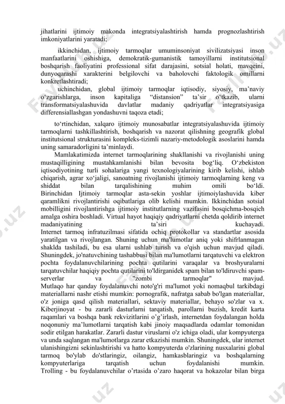 orasidagi ishonch darajasi hamda ijtimoiy tarmoqlarda aktorlarning hulq-atvori va o‘zaro hamkorligiga ta’sir qiladigan norma, qoida va sanksiyalar o‘rganiladi); 4) dinamik yondashuv (vaqt o‘tishi davomida tarmoqlardagi o‘zgarishlarga alohida e’tibor qaratiladi). ijtimoiy tarmoq fenomenining global virtual muloqot tizimidagi o‘rni, jamiyat rivojlanishi va unga axborot texnologiyalarining jadallik bilan kirib kelishi ijtimoiy tarmoqlar tushunchasini yanada kengaytirdi va ulardan foydalanish shaklini o‘zgartirdi . sotsial tarmoqlar yangi fenomen bo‘lib, uning tashuvchilari nafaqat so‘zlar, balki rasm, surat, kino, video, tovush, veb-sahifa kabi, axborot yoki matnni tashuvchisi sifatida namoyon bo‘la oluvchi har qanday ob’ekt bo‘lishi mumkin. zamonaviy postindustrial-axborotlashgan jamiyatlar rivojlanishi natijasida sotsial tarmokdagi axborotga bo‘lgan talab ortib borib, an’anaviy ommaviy axborot vositalariga bo‘lganidan ham qolishmaydigan darajaga yetdi. dunyodagi eng katta sotsial tarmoq bo‘lmish facebook 2012 yil yakuniga ko‘ra 1 mlr.dan ortiq faol foydalanuvchiga ega. shu bois, milliardlab odamlar uchun axborot manbai sifatida xizmat qiluvchi sotsial tarmoqlarning bir shakli, ob’ektiv shart-sharoitlar va sub’ektiv omilar uyg‘unligi ta’minlash mmuhim ahamiyat kasb …