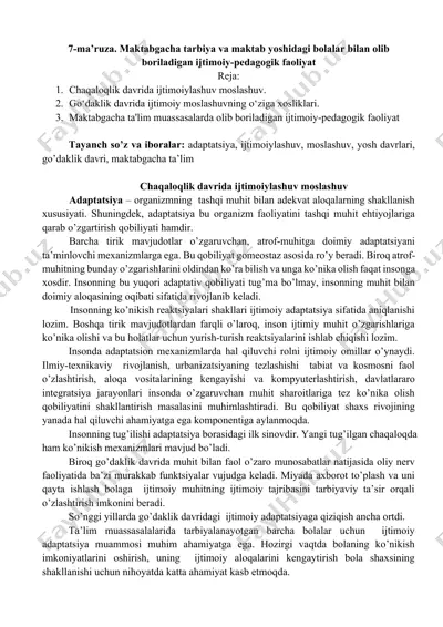 chaqaloqlik davrida ijtimoiylashuv moslashuv — DOCX