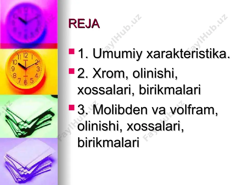r(oh)2 + 3h2 suyultirilgan xlorid va sulfat kislotalarda eriydi: cr + 2hcl = crcl2 + h2 cr + 3h2so4 = cr(so4)3 + 3h2 xosil bo'lgan xrom (ii)-xlorid xavo kislorodi bilan oksidlanib xrom (iii)-xloridga o'tadi: 4crcl2 + 4hcl + o2 = 4crcl3 + 2h2o xrom birikmalari ichida eng barkarorlari-uch valentli xrom birikmalaridir. ikki valentli xrom birikmalari nixoyatda bekaror bo'lib, ular kuchli kaytaruvchilardir. xromning ikki valentli birikmalari uncha kup emas. bular cro; cr(oh)2, srs, crcl2, crso4, cr(ch3coo)2 va xakazo. ikki valentli xrom gidroksid asos xossalar namoyon qiladi. cr(oh)2 xatto suvni kaytaradi: 2cr(oh)2 + h2o --> 2cr(oh)3 + h2 cr(oh)2 xavo kisloradi bilan xam oksidlanadi: 4cr(oh)2 + 2h2o + o2 --> 4cr(oh)3 olti valentli xrom birikmari: xrom (vi)- oksid cro3- to'q qizil tusli kristall modda , kuchli oksidlovchi. u suvda erib 2 xil kislotalarni xosil qiladi: cro3+h2o ® h2cr2o4 xromat kislota 2cro3+h2o ® h2cr2o7 bixromit kislota shuning uchun cro3 xromat angidrid deb ataladi. …