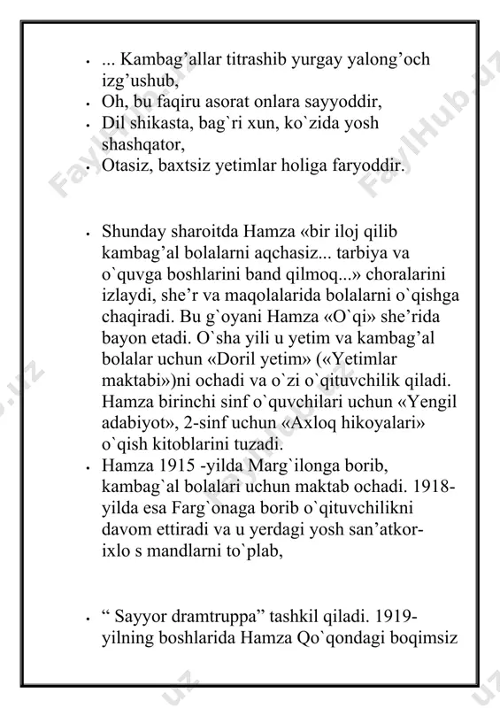 ” degan o`yinlarni o`ynashdan asta-sekin qimor o`ynashga o`rganganini, bora-bora qimorga mukkasidan ketib, oxirida bor-yo`g`ini boy berganini, nihoyat uning go`loxlikka tushib, xorlikda o`lib ketganini ifoda etadi. · “ o`qish kitobi ” hamzaning ikkinchi darsligidir. unda to`qqizga dars bo`lib, ularning har biri axloqiy masalaga bag`ishlangan. · barcha hikoyalarning qahramoni ijobiy fazilatlarni o`zida mujassamlantirgan maktab o`quvchisidir. “ bir aqlli maktab bolasining o`z-o`zicha domlasining qilgan tarbiyalari yodiga tushib, fikrlanib, degan so`zlari ” sarlavhali ikkinchi darsda bolaning nutq-ta’rifi vositasida ustoz obrazi chiziladi. hamza o`zi orzu qilgan o`qituvchini bola tilidan bunday ta’riflaydi: · o`ylasak, bizning erurlar chin otamiz shul kishi, · chunki bizga bilmaganni bildirur ustodimiz... · ota birla onamizdan yaxshiroq shafqat qilib, · bizdagi har kamchilikni ko`rsatur ustodimiz... · asta-asta bizda bo`lgan har yomon, shum fe’lni, · har kuni aylab nasihat yo`qotur ustodimiz. · yoshlarni insonparvarlik ruhida tarbiyalash ishiga hamza alohida ahamiyat beradi. odamlarga mehru muhabbat qo`yish, kishilarning qadr-qimmatiga yetish, ularni hurmat qilib, izzat-ikrom bilan …