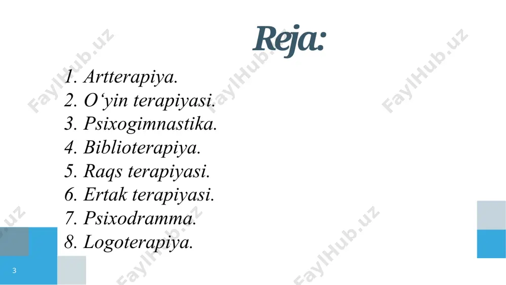 mmolarida bolada har xil qo‘rquvlar bor giperaktivlik tajovuzkor xatti-harakatlar xavotir yoki uyatchanlik bolalardagi nevroz (duduqlanish, miltillatish, tirnoqlarni tishlash, yo‘tal va boshqalar). * oiladagi, bolalar bog‘chasidagi yoki maktabdagi nizolar 3. psixogimnastika. - bu guruh aʼzolarining o‘zini namoyon qila oladigan va nutqsiz munosabatga kirisha olishini taʼminlovchi metoddir. bu samarali vosita yordamida shaxsning ijtimoiy xodisalarni idrok kilishi uchun eng kulay sharoit yaratiladi, ,,tana tili,,ga eʼtibor beriladi, atrof-hayot munosabatlarini ifodalashga imkoniyat yaratiladi. “psixogimnastika ”termini keng va tor maʼnoda qo’llaniladi. guruh aʼzolarining asosiy kommunikatsiya vositasi imo-ishorali harakatlar bilan taʼsir o‘tkazish hisoblanadi artterapevtik metodlarning bir varianti kollaj texnikasi hisoblanib, bir-biridan ko‘rinishi va rangi jihatidan farq qiluvchi materiallarni asosga tanlab yopishtirish bilan belgilanadi kollaj yakka tartibda yoki kichik guruhlarda (2-4 kishi) amalga oshiriladi. uning bajarilish mudati qat’iy vaqt chegaralaridan to vaqtning umuman chegaralanmaganligigacha belgilanishi mumkin. psixolog kollajni yaratishda kuzatuvchi yoki guruh a’zosi sifatida ishtirok etishi mumkin, yoki vazifa kattalar ishtirokisiz mustaqil xuddi uy vazifasi sifatida bajarilishi mumkin …