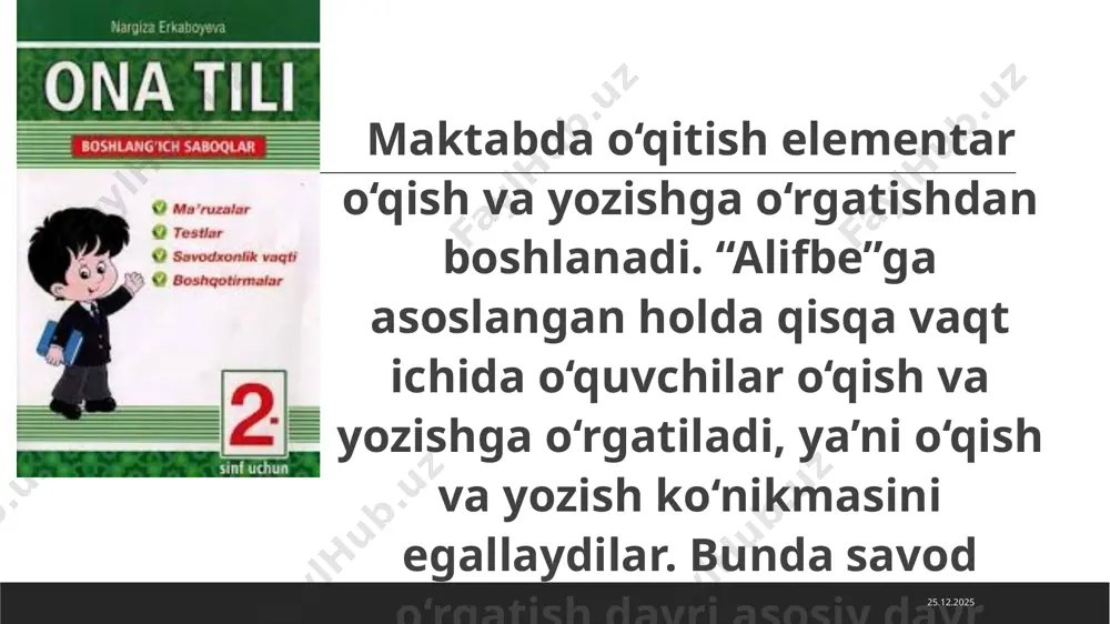 unli tovush va harf o‘rganiladigan bosqich (1 hafta) alifbo davri. bu davr 31 dekabrgacha davom etib, unda o‘quvchilar alifbodagi barcha unli va undosh tovush-harflar bilan tanishtiriladi. 26.11.2024 o‘quvchilarning tovush va harfni yaxshi tanishlari, elementar o‘qishni muvaffaqiyatli egallashlari uchun bo‘g‘inga bo‘lish, bo‘g‘in chegarasini aniqlash, bo‘g‘indan tovushni ajratish, tovush va harf munosabatini aniqlash, kesma harflardan bo‘g‘in tuzish va o‘qish, bo‘g‘in-tovush, tovush-harf tahlili kabi mashqlardan foydalaniladi. 3) o‘rganilganlar takrorlanib, harf birikmalari ng, sh, ch, 2 tovushni ifodalaydigan j, tutuq belgisi (’) va jo‘ja, jurnal, jirafa, tong, so‘ng, bodring, choynak, shudring va shu kabi so‘zlarni o‘qishga o‘rgatiladigan bosqich. 26.11.2024 26.11.2024 fonetik ishlar sohasida jarangli va jarangsiz undoshlarni taqqoslashga, ularning so‘z ma’nosini farqlashdagi faoliyatini aniqlashga oid mashqlar o‘tkaziladi (ziyrak-siyrak, dil-til kabi). xulosa qilib aytish mumkinki, savod o‘rgatish davri murakkab davr ekanligini hamisha o’qituvchi inobatga olish amaliy ish ko‘rishi lozim. va bunda albatta, qo’llaydigan metodlarining mazmunini chuqur bilib, o‘rinli foydalanishi o‘quvchilarni zarikib qolmasligini ta’minlaydi. bunyan tashqari …