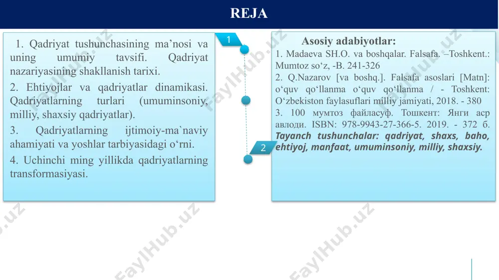 riyat) va "logos" (fan, ta'limot) tushunchalaridan tashkil topgan. “qadriyatlar falsafasi” inson har safar mutafakkirlar diqqat markazidan o‘rin olar ekan, uning mohiyatini yangi tarixiy sharoitda va yangicha nuqtai nazardan anglab etishga harakat qilib, uni qayta va qayta yangidan kashf etganlar. hind madaniyati va falsafasining bebaho yodgorliklarining har birida aql-idrok, adolat, insof-diyonat, halollik, poklik, mehnatsevarlik, milliy totuvlik, zulm va zo’ravonlikka, xiyonat va riyokorlikka va boshq… qadriyatlar. misrliklar, hayot suvdan boshlanadi, deb bilib, suvsiz hech qanday hayot bo’lmasligini ko’rib, suvni ulug’lovchi qanchadanqancha rivoyat va afsonalar to’qiganlar. forobiy aristoteldan keyingi yirik mutafakkir «muallim — as-soniy» — ikkinchi muallim», «sharq aristoteli» nomi bilan ulug’lashdi. i qadriyat nazariyasining shakllanish tarixi. qadriyatlar tizimi — tabiat va jamiyatda uchraydigan narsa va hodisalarning oʻz hayotidagi oʻrni haqida insonlarda hosil boʻlgan qarashlar toʻplamini bildiradigan qadriyatlar nazariyasi tushunchasi (ijtimoiy munosabat). qadriyat o‘z mohiyatiga ko‘ra ijtimoiydir va ob’ekt-sub’ektli xususiyat kasb etadi. ma’lumki, jamiyat bo‘lmagan joyda qadriyatlar mavjudligi haqida gapirishning o‘zi behudadir. qadriyat …