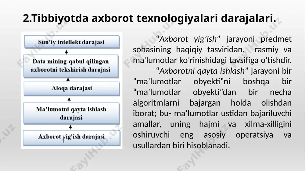 arning va birinchi navbatda kompyuterlarning operatsion imkoniyatlariga bog'liq. ma'lumotlarni qayta ishlashning quyidagi usullari farqlanadi: - markazlashtirilgan; - markazlashmagan; - ma’lumotlarni birlamchi qayta ishlash texnologiyasi; - taqsimlangan; - integratsiyalashgan. axborotni markazlashtirilgan qayta ishlash kompyuter markazlarining mavjudligini talab qiladi. bunday markazlar butun viloyat (viloyat, respublika)dagi tibbiyot muassasalariga xizmat ko‘rsatadi va tegishli sog‘liqni saqlash organlariga bo‘ysunadi. ushbu usul yordamida foydalanuvchi dastlabki ma'lumotlarni kompyuter markazlariga etkazib beradi va natijada olingan hujjatlar shaklida ishlov berish natijalarini oladi. ushbu qayta ishlash usulining o'ziga xos xususiyati: tez, uzluksiz aloqa o'rnatishning murakkabligi va mehnat zichligi; ma'lumotlarga ega kompyuter markazlariga yuqori yuk (uning hajmi katta bo'lgani uchun), mumkin bo'lgan ruxsatsiz kirishdan tizim xavfsizligini tashkil etish. axborotni markazlashtirilgan qayta ishlashda barcha ma’lumotlar bir joyda, barchasi dolzarb, uning zaxira nusxasini yaratish oson, tizim to‘g‘ri qurilgan bo‘lsa, uni qo‘llab-quvvatlash arzonroq bo‘ladi. markazlashtirilmagan axborotni qayta ishlash. bu usul ma'lum bir ish joyini avtomatlashtirish imkonini beruvchi shaxsiy kompyuter qurilmalarining paydo bo'lishi bilan bog'liq. hozirgi …