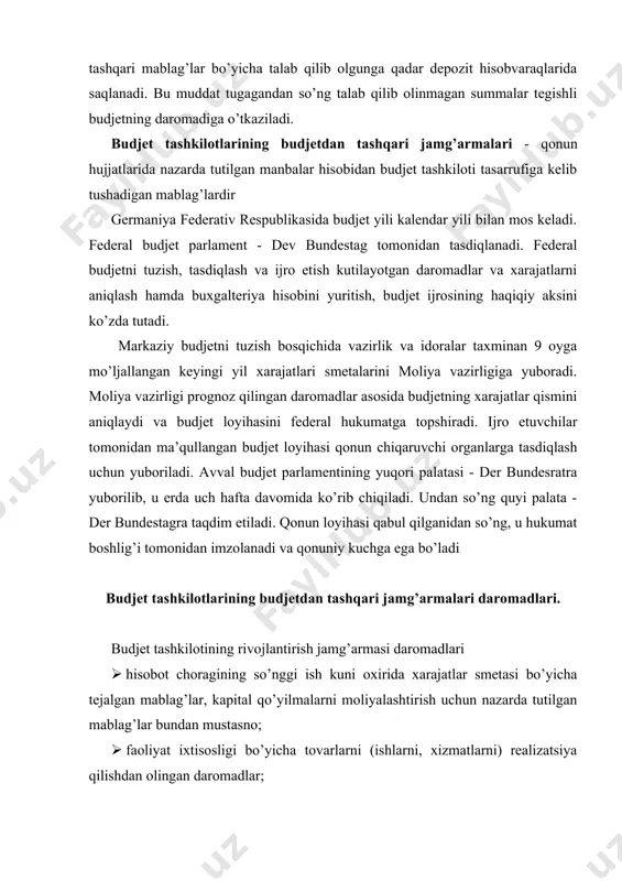 ig’i tomonidan imzolanadi va qonuniy kuchga ega bo’ladi budjet tashkilotlarining budjetdan tashqari jamg’armalari daromadlari. budjet tashkilotining rivojlantirish jamg’armasi daromadlari · hisobot choragining so’nggi ish kuni oxirida xarajatlar smetasi bo’yicha tejalgan mablag’lar, kapital qo’yilmalarni moliyalashtirish uchun nazarda tutilgan mablag’lar bundan mustasno; · faoliyat ixtisosligi bo’yicha tovarlarni (ishlarni, xizmatlarni) realizatsiya qilishdan olingan daromadlar; · budjet tashkiloti balansida turgan mol-mulkni ijaraga berishdan olingan mablag’larning bir qismi; · belgilangan tartibda budjet tashkilotlari tasarrufida qoldiriladigan mablag’lar; · homiylikdan olingan mablag’lar hisobidan shakllantiriladi. budjet tashkilotining rivojlantirish jamg’armasiga budjet tashkilotlarining tovarlarni (ishlarni, xizmatlarni) realizatsiya qilishdan olingan daromadlari tovarlarni (ishlarni, xizmatlarni) realizatsiya qilishdan tushgan tushumlar va ularni ishlab chiqarish bo’yicha xarajatlar o’rtasidagi ijobiy farq sifatida aniqlanadi. 1-rasm. budjet tashkilotini rivojlantirish jamg’armasini shakllanish manbalari tibbiyot tashkilotlarining moddiy rag’batlantirish va rivojlantirish jamg’armasi daromadlari: · tibbiyot tashkilotiga ajratiladigan budjet mablag’lari umumiy hajmining 5 foizigacha bo’lgan miqdorda budjetdan ajratiladigan mablag’lar; · faoliyat ixtisosligi bo’yicha tovarlarni (ishlarni, xizmatlarni) realizatsiya qilishdan olingan daromadlar; · …