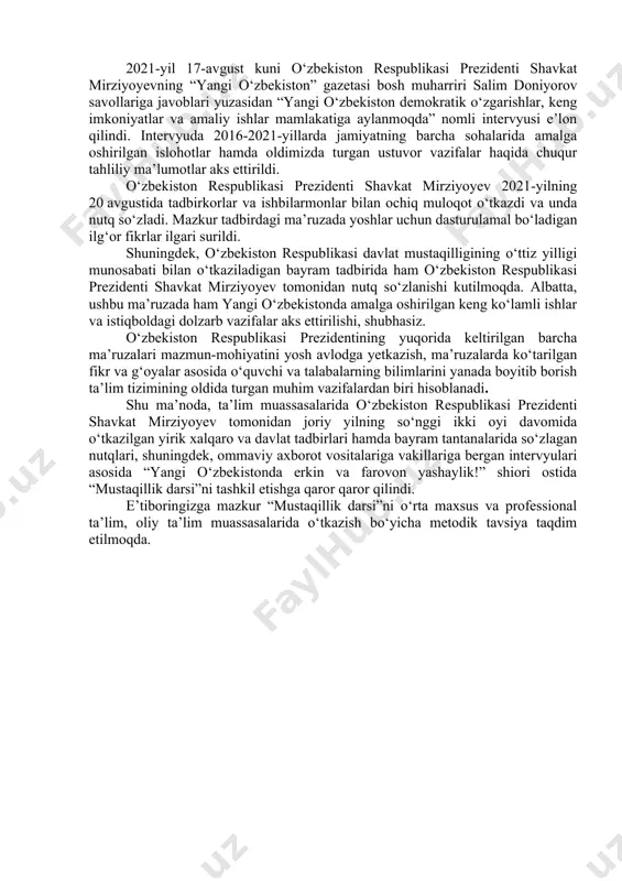 ngi kunda o‘zbekistonda amalga oshirilayotgan, jahon hamjamiyati tomonidan e’tirof etilayotgan demokratik islohotlar ortga qaytmaydigan muqarrar tus olgani xalqimizni, ayniqsa, yoshlarimizni yangi yuksak marralarni ko‘zlab, yanada olg‘a intilishga undamoqda. o‘zbekiston taraqqiyotining bugungi bosqichida fuqarolar qalbi va ongida yuz berayotgan yangi sifat o‘zgarishlari ularning hayot darajasi yuksalishi bilan uyg‘un holda kechmoqda. o‘zbekiston respublikasi prezidentining “markaziy va janubiy osiyo: mintaqaviy o‘zaro bog‘liqlik. tahdidlar va imkoniyatlar” mavzusidagi xalqaro konferensiyadagi nutqi har jihatdan jahon hamjamiyatining e’tiborini tortdi. yirik xalqaro tashkilotlar tomonidan alohida e’tirof etilib, ma’ruzada ilgari surilgan takliflar mamnuniyat bilan qabul qilindi. 2021-yil 17-avgust kuni o‘zbekiston respublikasi prezidenti shavkat mirziyoyevning “yangi o‘zbekiston” gazetasi bosh muharriri salim doniyorov savollariga javoblari yuzasidan “yangi o‘zbekiston demokratik o‘zgarishlar, keng imkoniyatlar va amaliy ishlar mamlakatiga aylanmoqda” nomli intervyusi e’lon qilindi. intervyuda 2016-2021-yillarda jamiyatning barcha sohalarida amalga oshirilgan islohotlar hamda oldimizda turgan ustuvor vazifalar haqida chuqur tahliliy ma’lumotlar aks ettirildi. o‘zbekiston respublikasi prezidenti shavkat mirziyoyev 2021-yilning 20 avgustida tadbirkorlar va ishbilarmonlar …