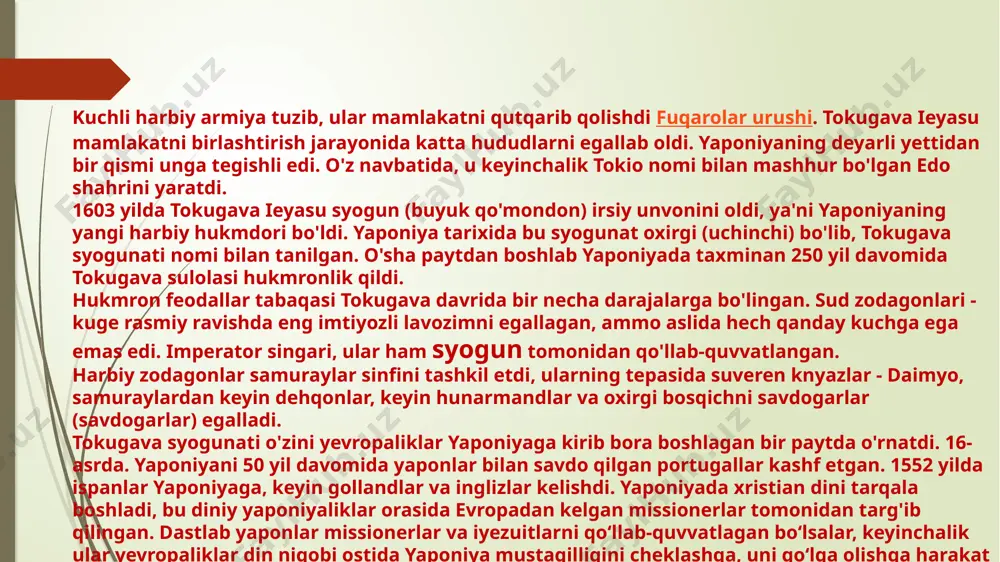 xviii asrda. yaponiya qishloq xo'jaligi mamlakati edi. aholisi asosan dehqonlar (jami 80%) va samuraylardan iborat edi. keyin hunarmandlar va savdogarlar paydo bo'ldi. ulardan davlat va harbiy apparat, ziyolilar ham shakllandi hukmron sinf- samuray. dehqonlarning ahvoli og'irligicha qoldi, chunki u feodallardan yerni "muddati" ijara huquqi ostida olgan. bu yerda krepostnoylik boʻlmasa-da, dehqonlar oʻz yashash joyini, shuningdek, mashgʻulotini oʻzgartirish imkoniyatiga ega emas edilar. bu davrda dehqonlarning asosiy burchi natura shaklidagi kvitren edi. dehqonlar yo‘llar, ko‘priklar, kanallarni ta’mirlashga jalb qilingan. mamlakatda amaldagi qonunlar yapon dehqonlarining hayoti va xulq-atvorini tartibga solgan. yaponiyada shahar aholisi dehqonlarga qaraganda quyi tabaqa hisoblanardi, garchi ularning moddiy ahvoli ancha yaxshi edi. ustaxonalar va gildiyalar kabi uyushmalarda hunarmandlar va savdogarlar uyushmasi mavjud edi. boy savdogarlarga samuray darajasiga ko'tarilishlariga ruxsat berildi. biroq, 18-asr iqtisodiy inqirozga olib keldi. tovar-pul munosabatlarining rivojlanishi ham qishloq, ham shahar hayotiga, ham feodallar, ham dehqon xo'jaliklariga kirib bordi. shahar aholisining iqtisodiy roli ortdi. xvi asrda ieyasuning qishloq …