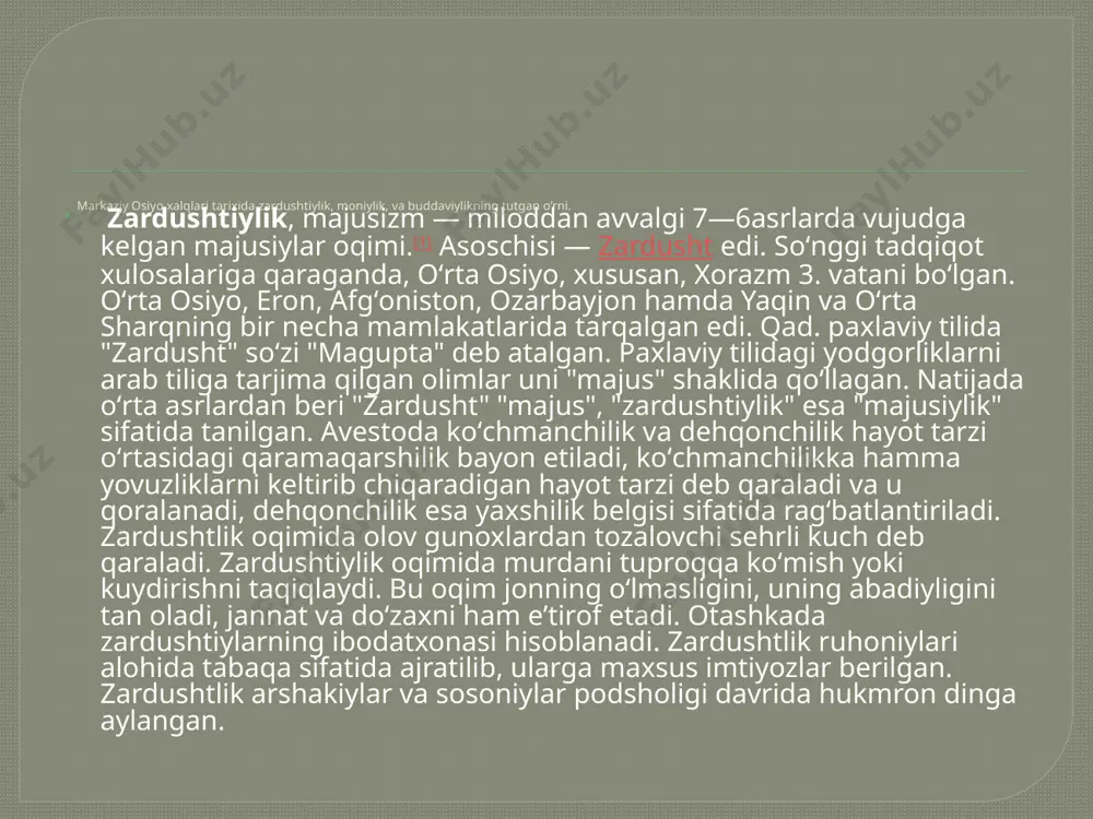kixudolik g‘oyasi (gnostik dualizm)ga asoslangan deb aytiladi. shundan so‘ng unga moniy - "ruh" laqabi berilgan. markaziy osiyo xalqlari tarixida zardushtiylik, moniylik, va buddaviylikning tutgan o’rni. 241-yil moniy 24 yoshga etganda unga o‘z ilohidan yana vahiy kelgan va nihoyat o‘z ta’limotini ochiq va baralla targ‘ib qilish vaqti etganini bildirgan. shundan so‘ng moniy yangi dinga asos solishga qaror qilgan va o‘zining diniy targ‘ibot ishlarini boshlagan. 242-yilda fors davlati shohi shopur i ning taxtga o‘tirish va toj kiyish marosimi paytida moniy birinchi marta o‘z ta’limotini ommaviy bayon etib, va’z aytgan. shundan so‘ng moniy shopur i ning vafotiga qadar (273-yil) mamlakatda o‘zining diniy targ‘ibotini olib bordi. u o‘zini shu dinning asoschisi va payg‘ambari deb bilgan va butun fors davlati, hindiston, old va o‘rta osiyo bo‘ylab safarlar uyushtirgan. markaziy osiyo xalqlari tarixida zardushtiylik, moniylik, va buddaviylikning tutgan o’rni. u o‘z safarlari davomida zardushtiylik, hinduiylik, yahudiylik, buddaviylik va xristianlik dinlari faollari bilan muloqotlar uyushtirgan hamda ularning …