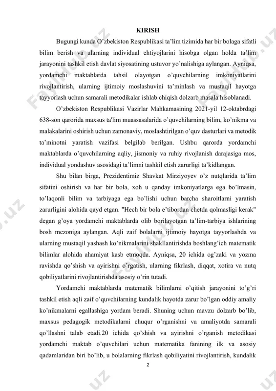 yorlashda va ularning mustaqil yashash ko’nikmalarini shakllantirishda boshlang’ich matematik bilimlar alohida ahamiyat kasb etmoqda. ayniqsa, 20 ichida og’zaki va yozma ravishda qo’shish va ayirishni o’rgatish, ularning fikrlash, diqqat, xotira va nutq qobiliyatlarini rivojlantirishda asosiy o’rin tutadi. yordamchi maktablarda matematik bilimlarni o’qitish jarayonini to’g’ri tashkil etish aqli zaif o’quvchilarning kundalik hayotda zarur bo’lgan oddiy amaliy ko’nikmalarni egallashiga yordam beradi. shuning uchun mavzu dolzarb bo’lib, maxsus pedagogik metodikalarni chuqur o’rganishni va amaliyotda samarali qo’llashni talab etadi.20 ichida qo’shish va ayirishni o’rganish metodikasi yordamchi maktab o’quvchilari uchun matematika fanining ilk va asosiy qadamlaridan biri bo’lib, u bolalarning fikrlash qobiliyatini rivojlantirish, kundalik hayotda sodda arifmetik amallarni mustaqil bajara olish ko’nikmasini shakllantirishga xizmat qiladi. shu sababli, bu bosqichda to’g’ri metodik yondashuv, didaktik materiallardan mohirona foydalanish va o’quvchilarning psixologik xususiyatlarini hisobga olgan holda mashg’ulotlarni tashkil etish alohida ahamiyat kasb etadi. kurs ishining maqsadi: aqli zaif o’quvchilarga 20 ichida og’zaki va yozma ravishda qo’shish va ayirishni o’rgatishning …