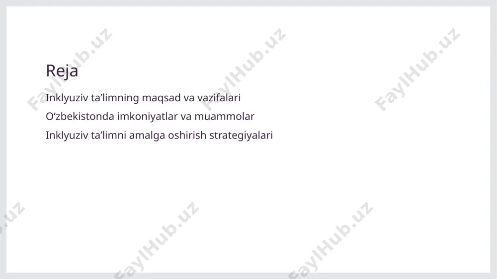 - maktablarda zaruriy resurslar, jumladan, maxsus materiallar va texnologiyalar, mavjud bo'lishi inklyuziv ta'limni samarali amalga oshirish uchun shartdir. oʻzbekistonda inklyuziv taʼlim uchun mavjud imkoniyatlar va resurslar. oʻquv dasturlari o'qituvchilar tayyorlash jamiyat va resurslar oʻzbekistonda imkoniyatlari cheklangan bolalar uchun maxsus o'quv dasturlari ishlab chiqilmoqda, bu esa ularning ta'limga kirishini osonlashtiradi. inklyuziv taʼlimga mos o'qituvchilar tayyorlash dasturlari mavjud bo'lib, ular bolalarning maxsus ehtiyojlarini qondirishga qaratilgan. maktablar va jamoatchilik tashkilotlari inklyuziv taʼlimni qo'llab-quvvatlash uchun zarur resurslar, jumladan, moliyaviy va psixologik yordam ko'rsatmoqda. imkoniyatlar va muammolar: oʻzbekistonda inklyuziv taʼlimni rivojlantirish. 1 imkoniyatlar - oʻzbekistonda inklyuziv taʼlimni rivojlantirish uchun ijtimoiy va iqtisodiy imkoniyatlar mavjud. davlat dasturlari, xalqaro yordam va jamiyat qoʻllab-quvvatlashi ahamiyatlidir. 2 muammolar - inklyuziv taʼlimda muammolar mavjud, jumladan, yetarli malakali o'qituvchilar yo'qligi, infratuzilma va resurslar yetishmasligi. bu holatlar ta'lim sifatini pasaytiradi. 3 rivojlanish istiqbollari - oʻzbekistonda inklyuziv taʼlimni rivojlantirish istiqbollari ijtimoiy hamkorlik, davlat siyosati va xalqaro tajribalarni o'rganish orqali yuzaga keladi. 4 jamiyat …