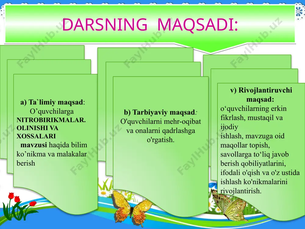 daqiqa 6. uyga vazifa: 1 daqiqa darsning texnalogik xaritasi yangi bilim,ko’nikma va malakalarni shakllantirish. interfaol (tarmoqlash,aqliy hujum,kartateka,savol-javob) dars turi: dars metodlari. xush kelibsiz образец текста второй уровень третий уровень четвертый уровень пятый уровень dasrning shiori ilmdan yaxshiroq xazina bo’lmas qo’lingdan kelgancha yig’a olsang bas maqsadimiz o’qib- o’rganamiz,ijod qilamiz, shu ozod vatanni obod qilamiz dars qoidasi – faollik -tezkorlik -intizomga rioya qilish -o’zoro xurmat -izlanuvchanlik -to’g’ri javob berish -vaqt bu-oltin chaqmoqning chaqishi yomg’ir yog’ishi ? . . . . ichida shart shart 1 2 3 “har birimizga bir savol”usuli tajriba maydonchasi. “sherigini top” usuli uyga vazifa azotli organik birikmalar yangi mavzu: nitrobirikmalar. olinishi va xossalari reja: 1.nitrobirikmalar 2.nitro birikmalarning nominkliturasi 3.nitrobirikmalarning olinishi. 4.nitrobirikmalarning fizik va kimyoviy xossasi 5.nitrobirikmalarning ishlatilishi. to‘yingan yoki aromatik uglevodorod molekulasidan bitta yoki bir nechta vodorod atomini nitroguruh (no2) bilan almashinishidan hosil bo‘lgan organik birikmalarga nitrobirikmalar deyiladi nomenklaturasi. ratsional nomenklatura bo‘yicha nitrobirikmalarni nomlaganda tegishli uglevodorod nomiga „nitro“ so‘zi …