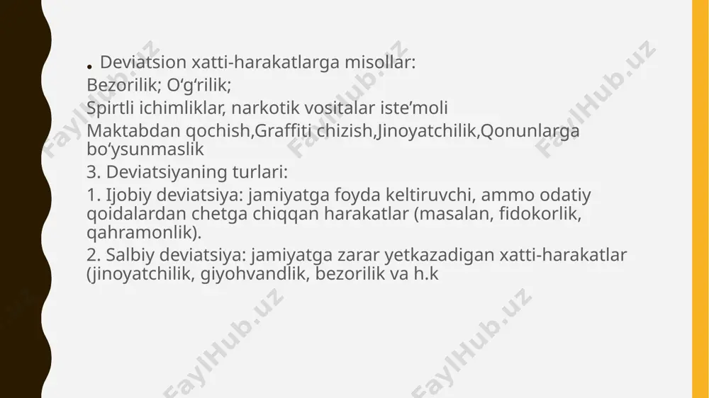 rning vazifasi: risk guruhiga mansub bolalarni aniqlash,individual reabilitatsiya dasturlarini tuzish,ijtimoiy moslashuvga ko‘maklashish,oila bilan hamkorlikda ishlash,psixologik-pedagogik maslahatlar berish deviatsiyani oldini olish yo‘llari: sog‘lom muhit yaratish,tarbiya tizimini mustahkamlash,ijtimoiy faoliyatlarga jalb etish (to‘garaklar, sport, teatr) oilaviy tarbiyani yaxshilash,psixologik yordam xizmatlarini kuchaytirish deviatsiya – ijtimoiy hayotda hal qilinishi lozim bo‘lgan dolzarb muammolardan biri. uni bartaraf etish faqatgina jazolash emas, balki chuqur tahlil va ta’sirchan pedagogik choralarni qo‘llash bilan bog‘liq. har bir pedagog, ota-ona va jamiyat a’zosi bu muammoning yechimi uchun mas’uldir. ijobiy deviatsiya deviatsiya — bu ijtimoiy me’yorlardan og‘ish degani. odatda bu salbiy tarzda (jinoyat, huquqbuzarlik va h.k.) qaraladi. lekin ijobiy deviatsiya — bu jamiyat me’yorlariga zid bo‘lsa ham, yaxshi, foydali yoki ijobiy o‘zgarishlarga olib keladigan xatti-harakatdir. misollar: ilm-fanda kashfiyot qilgan olimlar – masalan, biror g‘ayrioddiy fikr bildiradi, boshida tan olinmaydi, lekin keyinchalik katta yutuqqa olib keladi. ijtimoiy tenglik uchun kurashganlar – tarixda ko‘pchilik qarshi bo‘lgan bo‘lsa ham, keyinchalik jamiyatda adolat qaror topishiga sababchi …