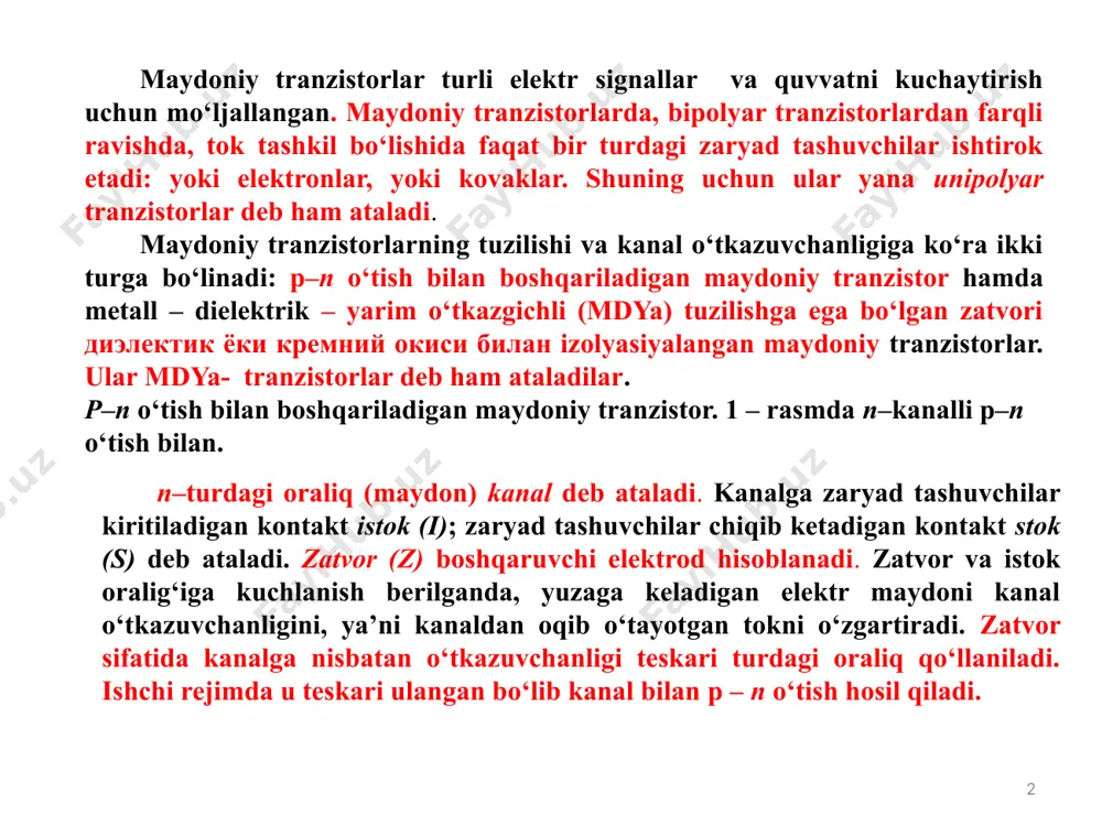shiga olib keladi. natijada ic dreyfi o‘zgarmaydi. biror uch elektrodli asbob kabi, maydoniy tranzistorlarni uch xil sxemada ulash mumkin: umumiy istok (ui), umumiy stok (us) va umumiy zatvor (uz). ui sxema keng tarqalgan sxema hisoblanadi. 9 10 11 12 13 14 15 16 17 2.mdya–tranzistorlarning ishlash prinsipi ; mdya–tranzistorlarning ishlash prinsipi ko‘ndalang elektr maydoni ta’sirida dielektrik bilan chegaralangan yarim o‘tkazgichning yuqori qatlamida o‘tkazuvchanlikni o‘zgartirish effektiga asoslangan. yarim o‘tkazgichning yuqori qatlami tranzistorning tok o‘tkazuvchi kanali vazifasini bajaradi. p – kanali induksiyalangan mdya - tranzistor tuzilmasi 4, a –rasmda va uning shartli belgisi 4, b- rasmda keltirilgan. tranzistor quyidagi chiqishlarga ega: istokdan – i, stokdan – s, zatvordan – z va asos deb ataluvchi – a kristalldan. stok va istoklarning r+ - sohalari n – turdagi yarim o‘tkazgich bilan ikkita p–n o‘tish hosil qilganligi sababli, usi kuchlanishining biror qutblanishida bu o‘tishlardan biri teskari yo‘nalishda ulanadi va stok toki is deyarli nolga teng …